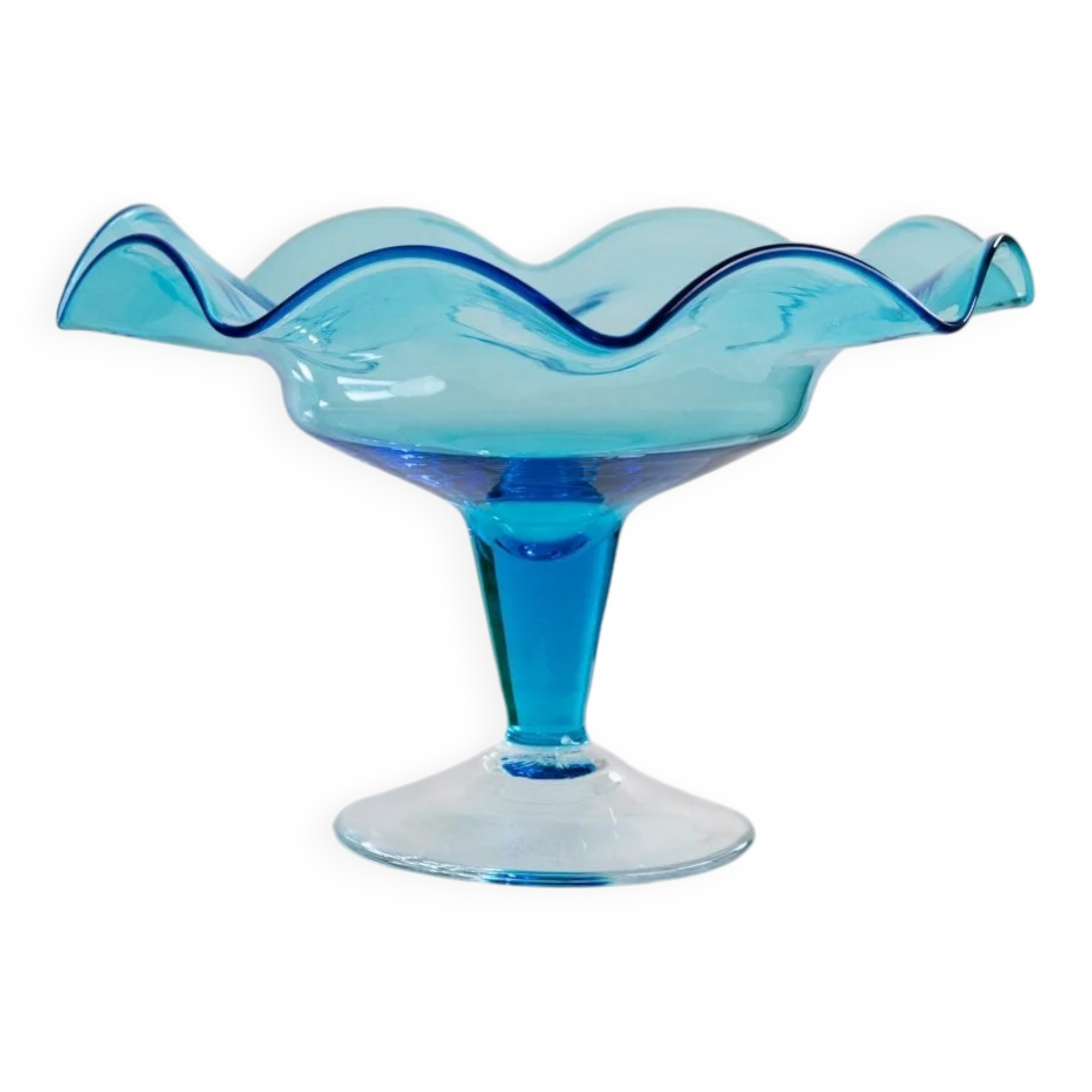 Blue Murano Glass Footed Dessert Bowl, Italy 1980s - Vintage Verre-et-Cristal Art