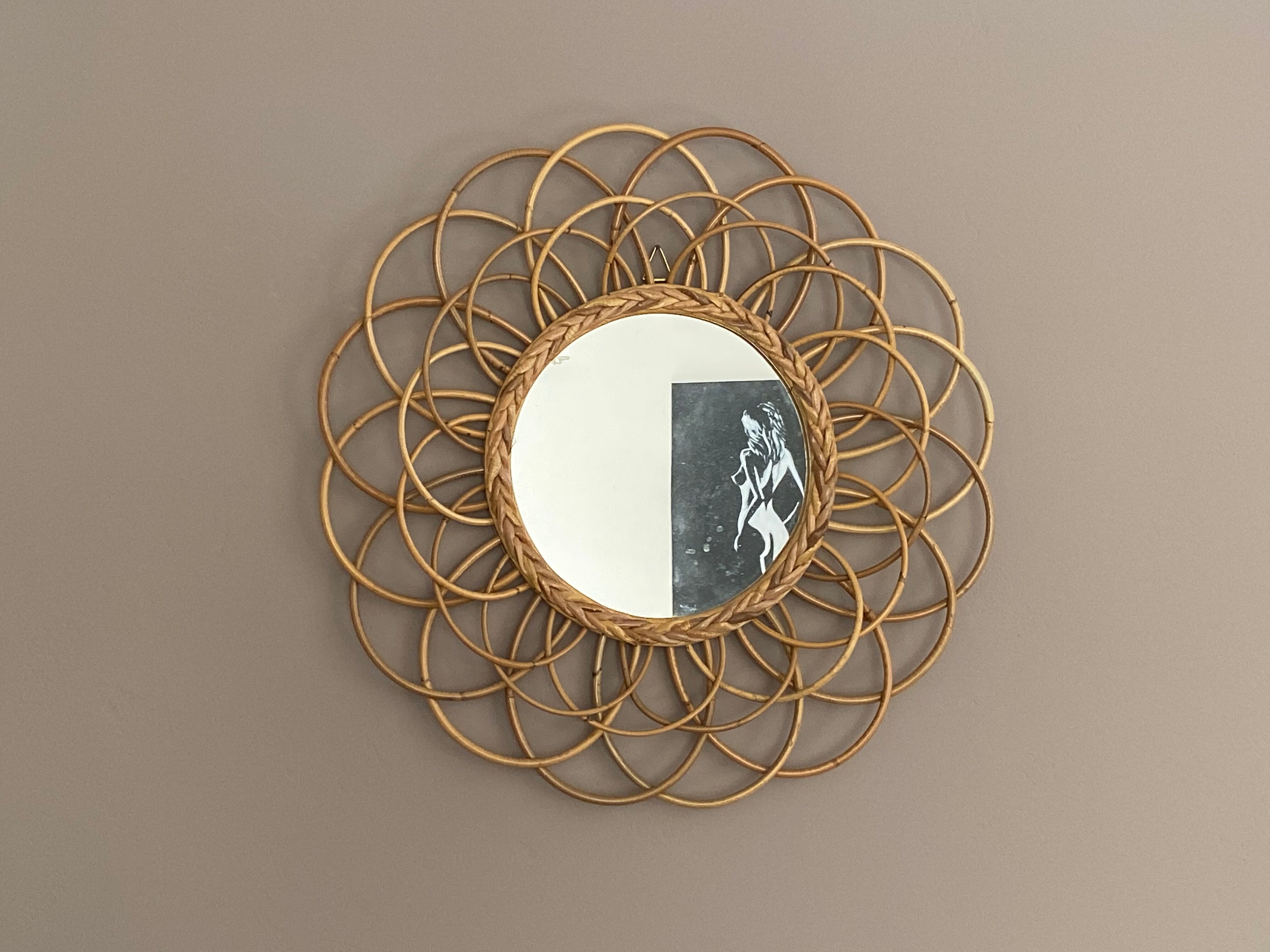 Vintage sun mirror in arched rattan, 55cm, 1960