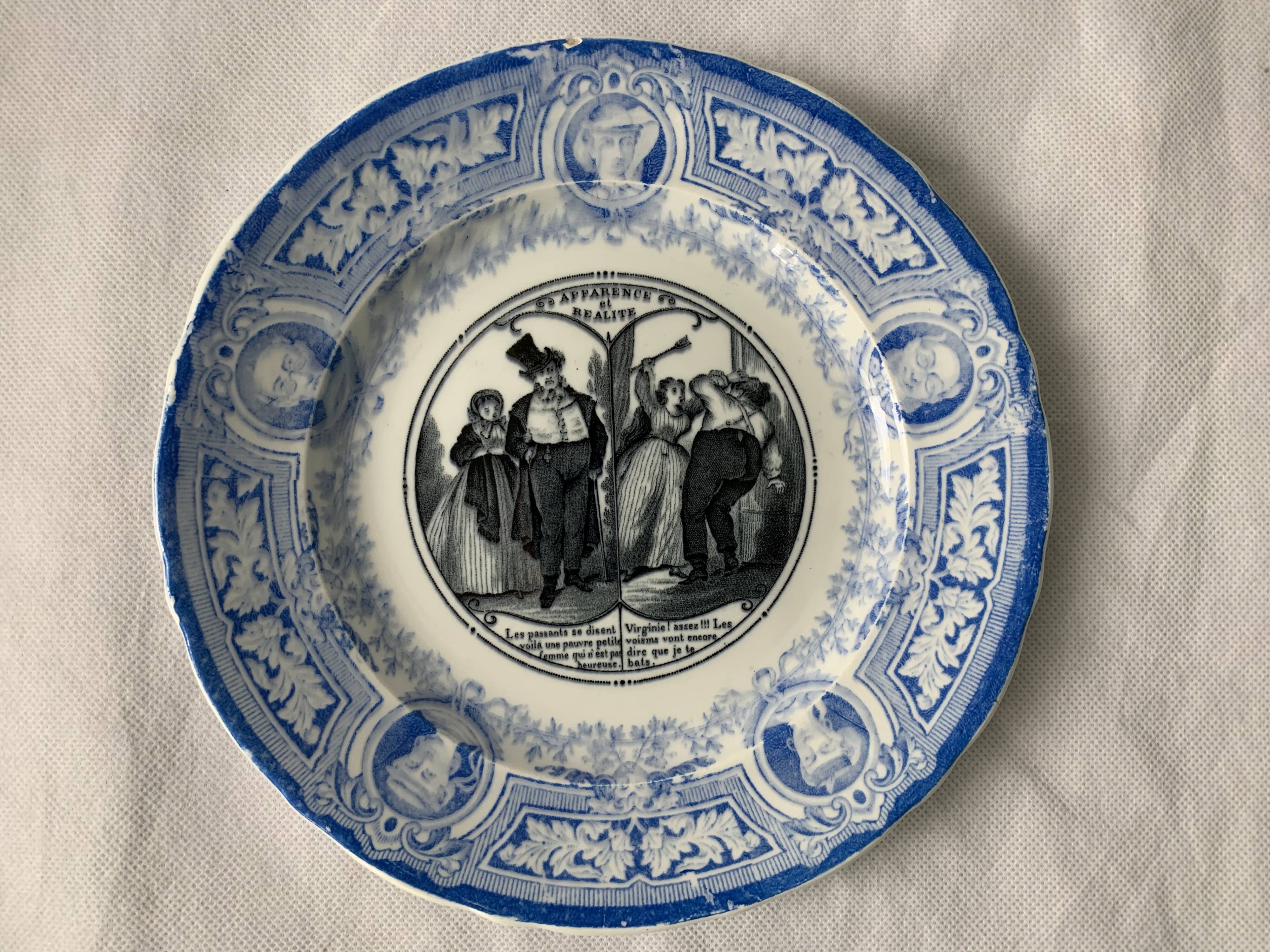 4 antique blue and black dessert plates Jules Vieillard Bordeaux 19th century