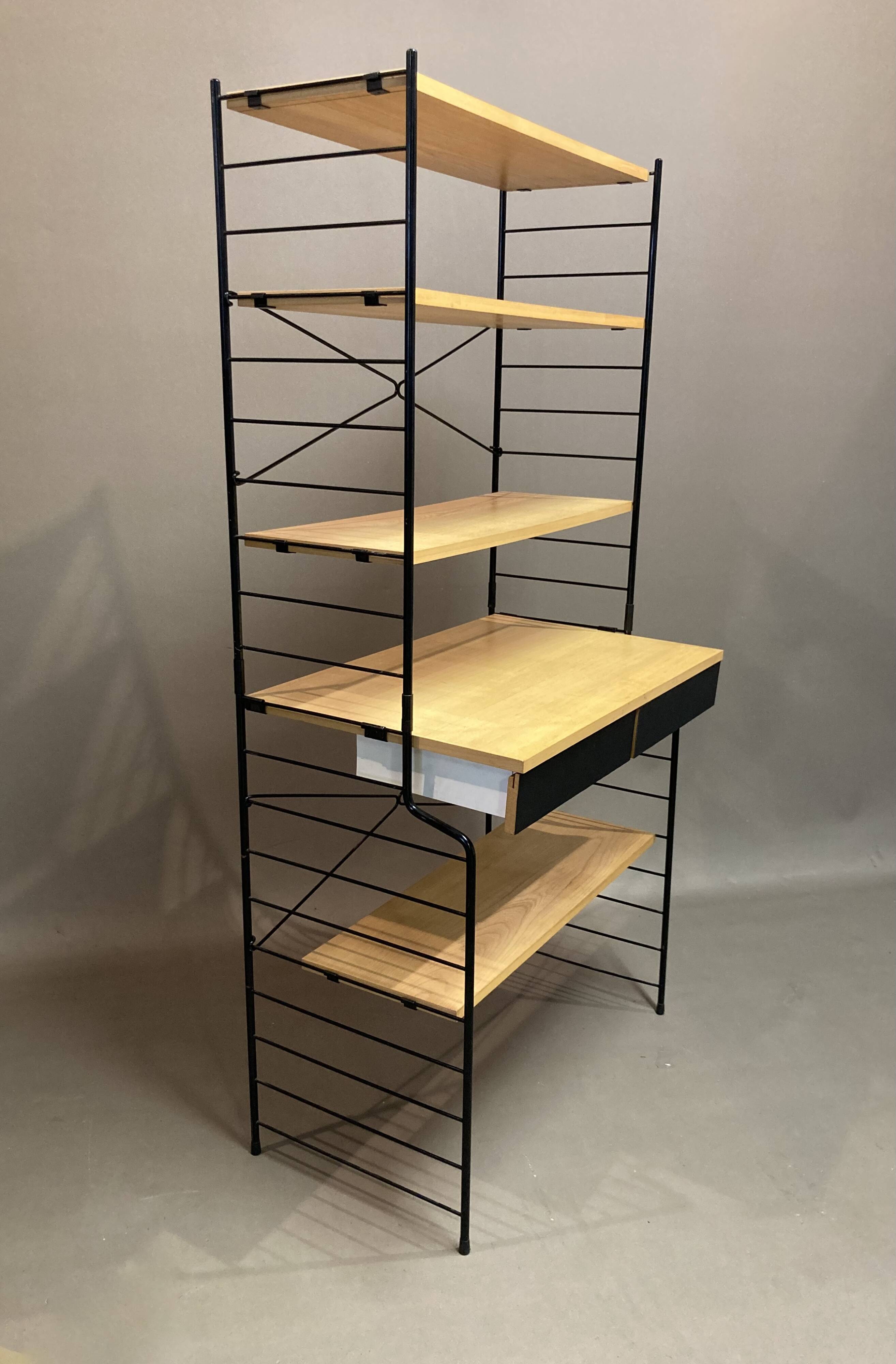 Modular bookcase and stool in black metal and beech, 1960