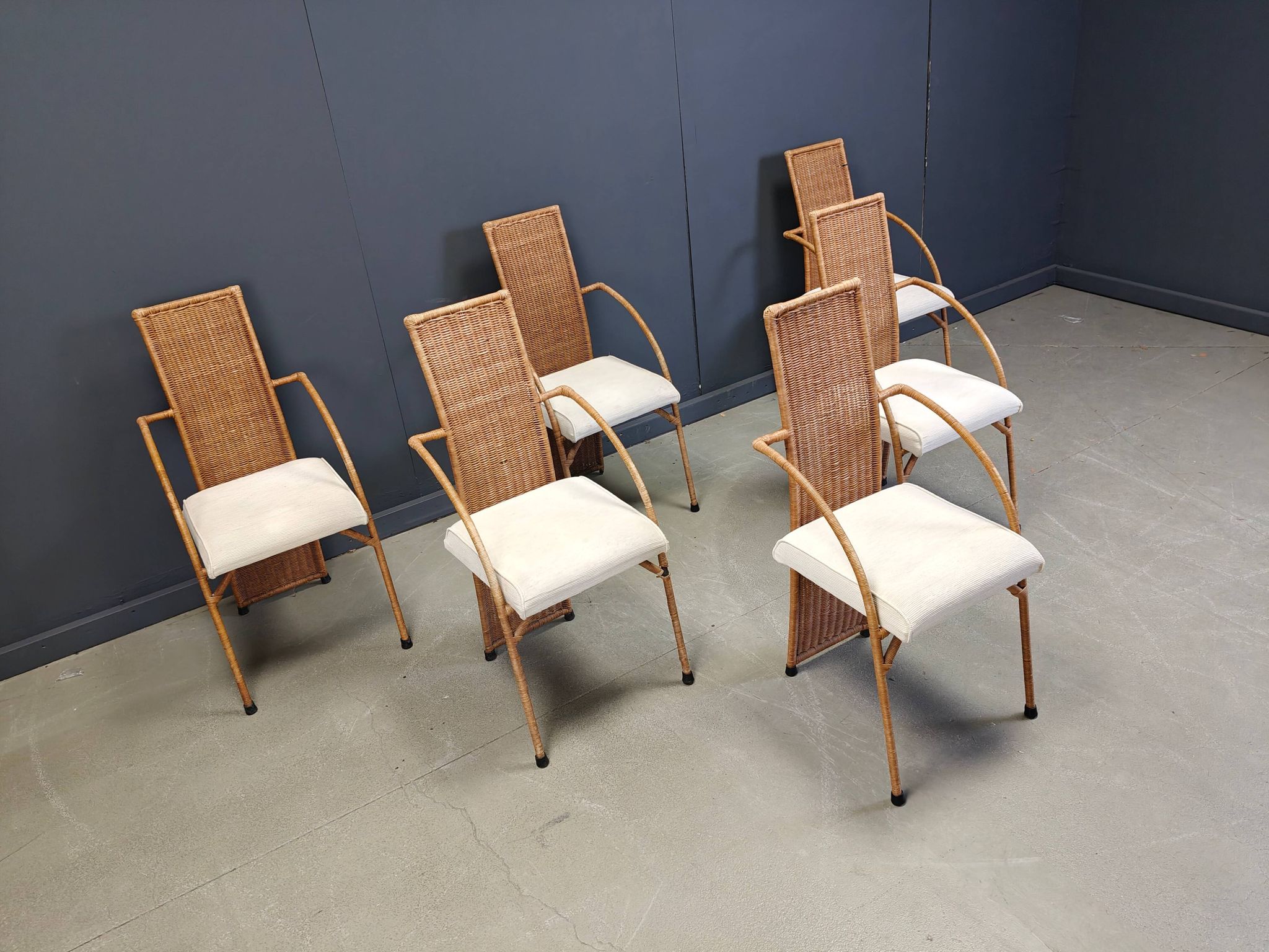 Vintage wicker dining chairs with high backs, 1980s - set of 6