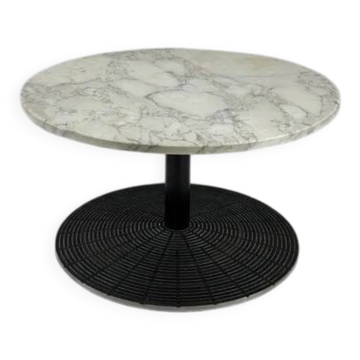Table Basse Tecno Varedo Marbre Blanc Veiné Gris Base Grille Métal Laqué Noir Années 80 Design Italien Collector