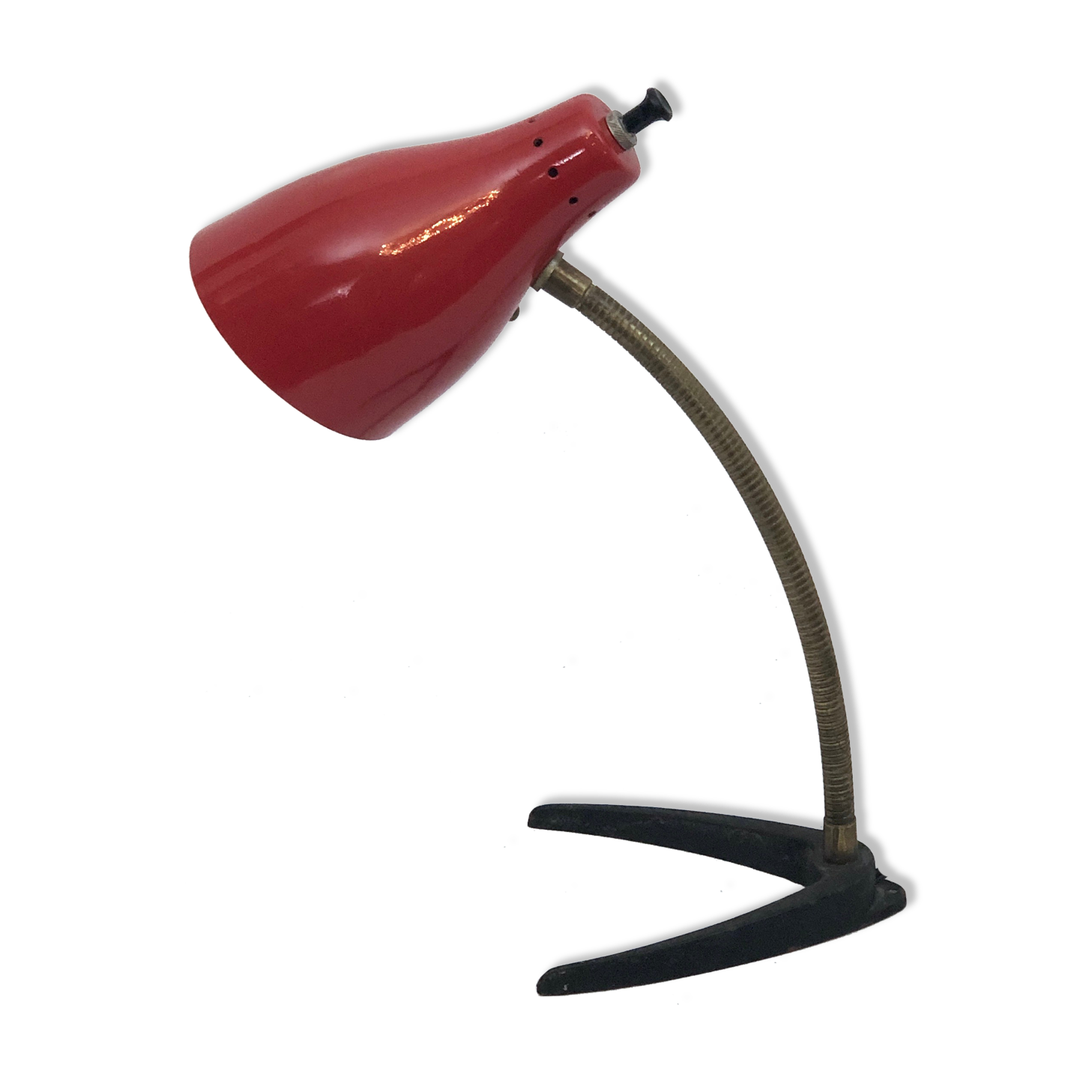 Vintage Italian brass and red lacquer flexible table lamp from 50s