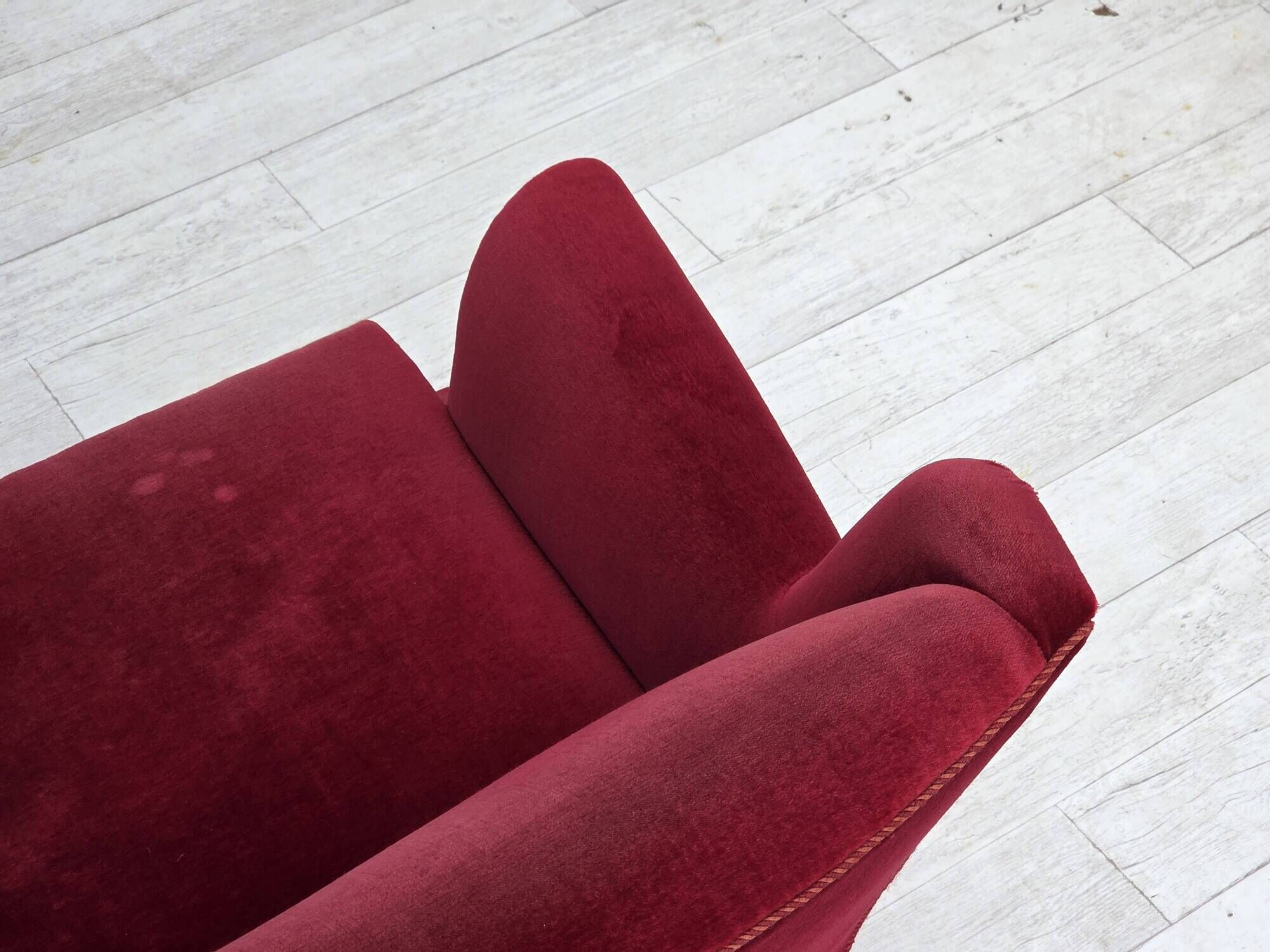 1960s, Danish 3-seater sofa, cherry-red furniture velour, ash wood.