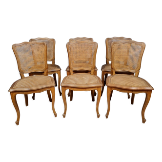 Superb Series of 6 Louis XV Rocaille chairs in solid cherry wood around 1950