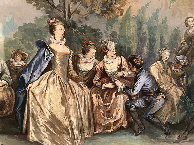 Party in the garden, framed watercolor late nineteenth