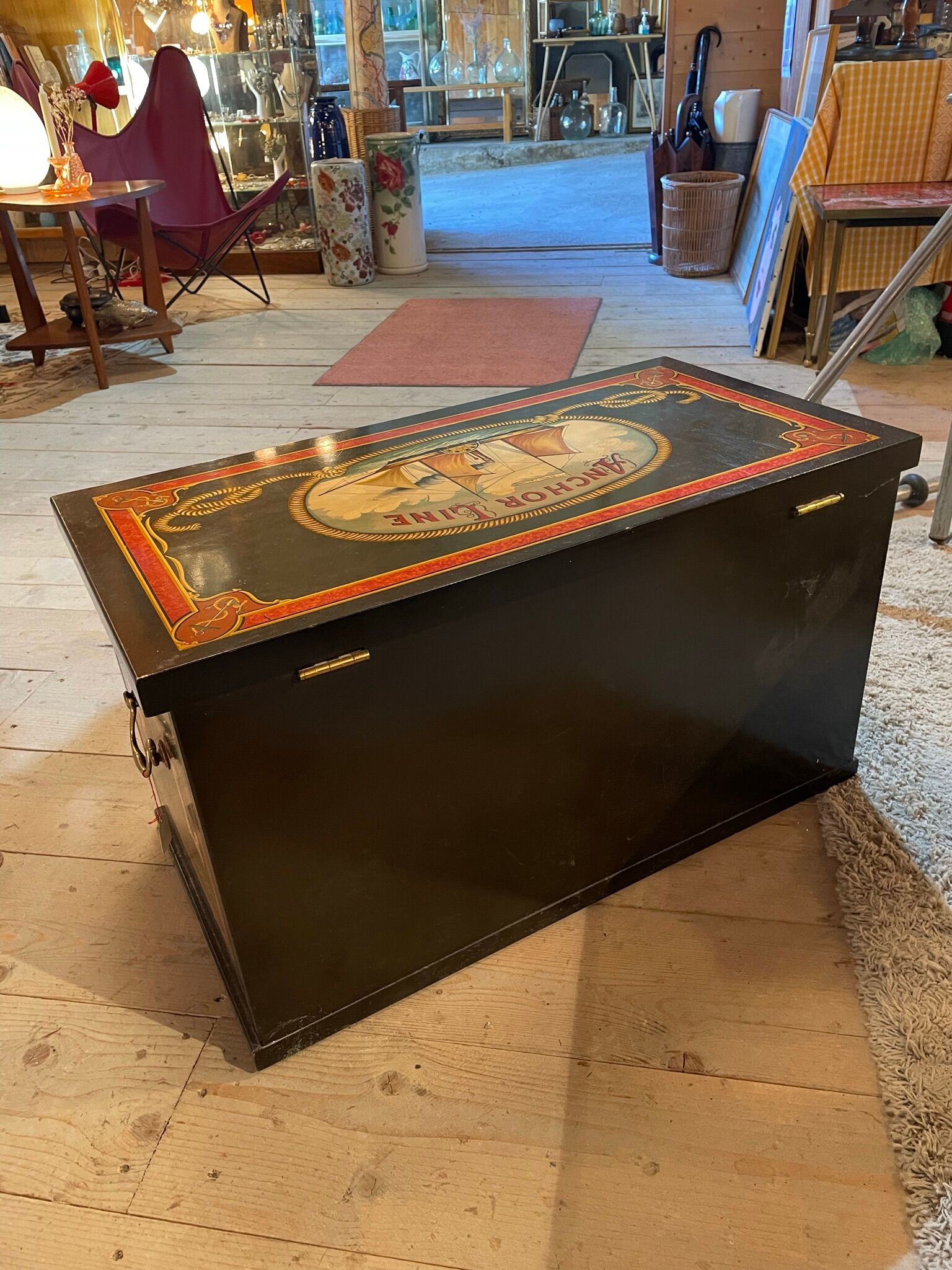 Anchor line painted wooden chest