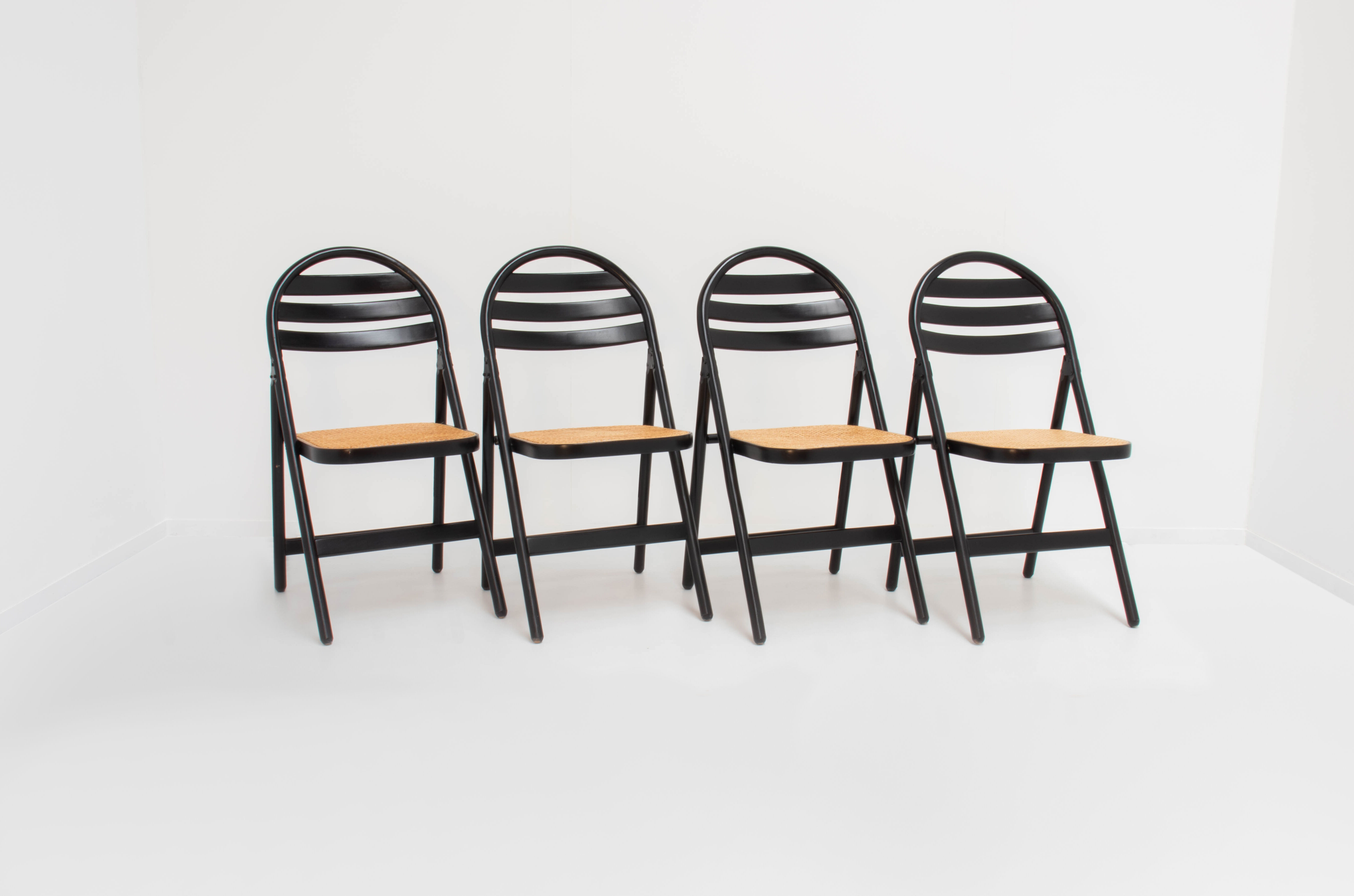 4 Vintage Wood Folding Chairs with Cane Seating