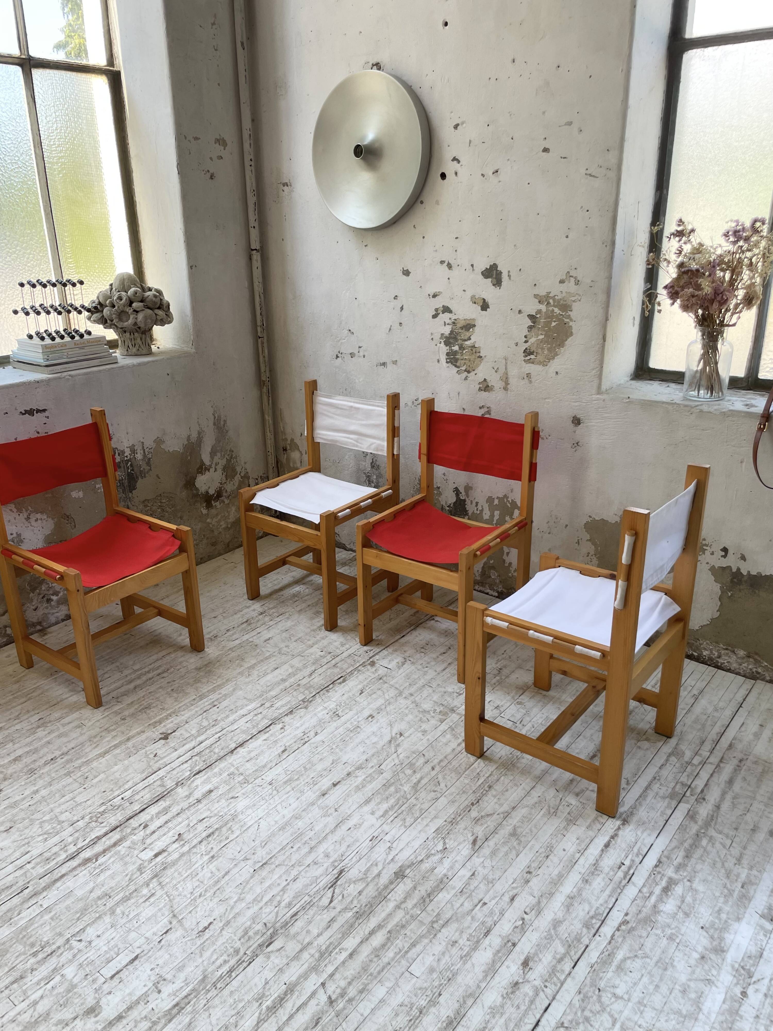 Set of 4 80s colored pine chairs