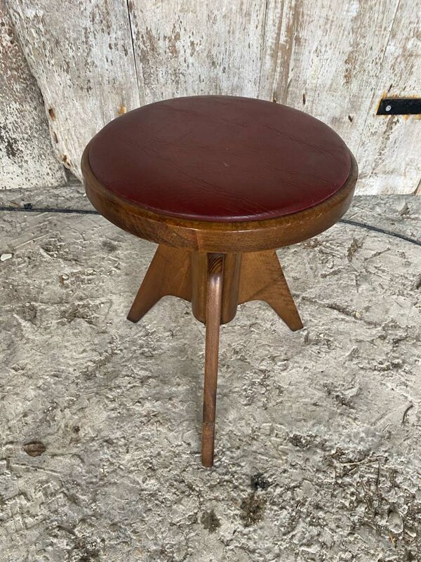 Tabouret Piano Ancien Tripode Bois + Assise Galette Cuir Rouge Vintage