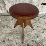 Vintage Red Leather Cushion Wooden Tripod Piano Stool