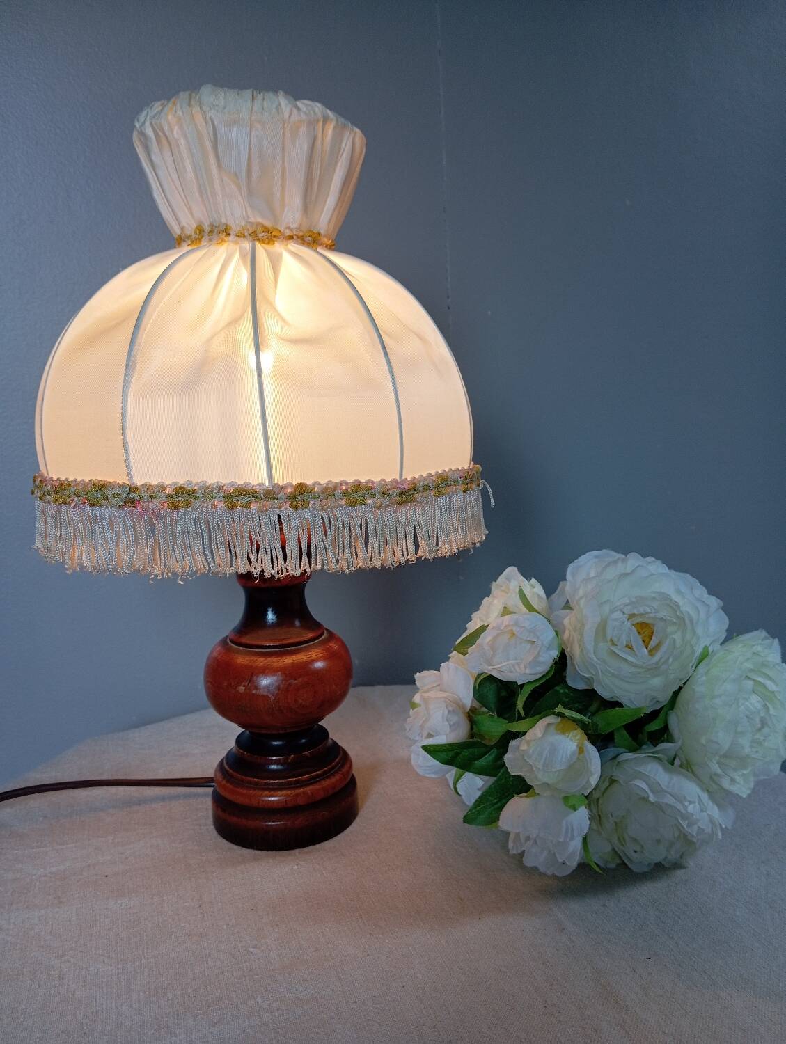 Rustic chic bedside lamp, wood and dome lampshade