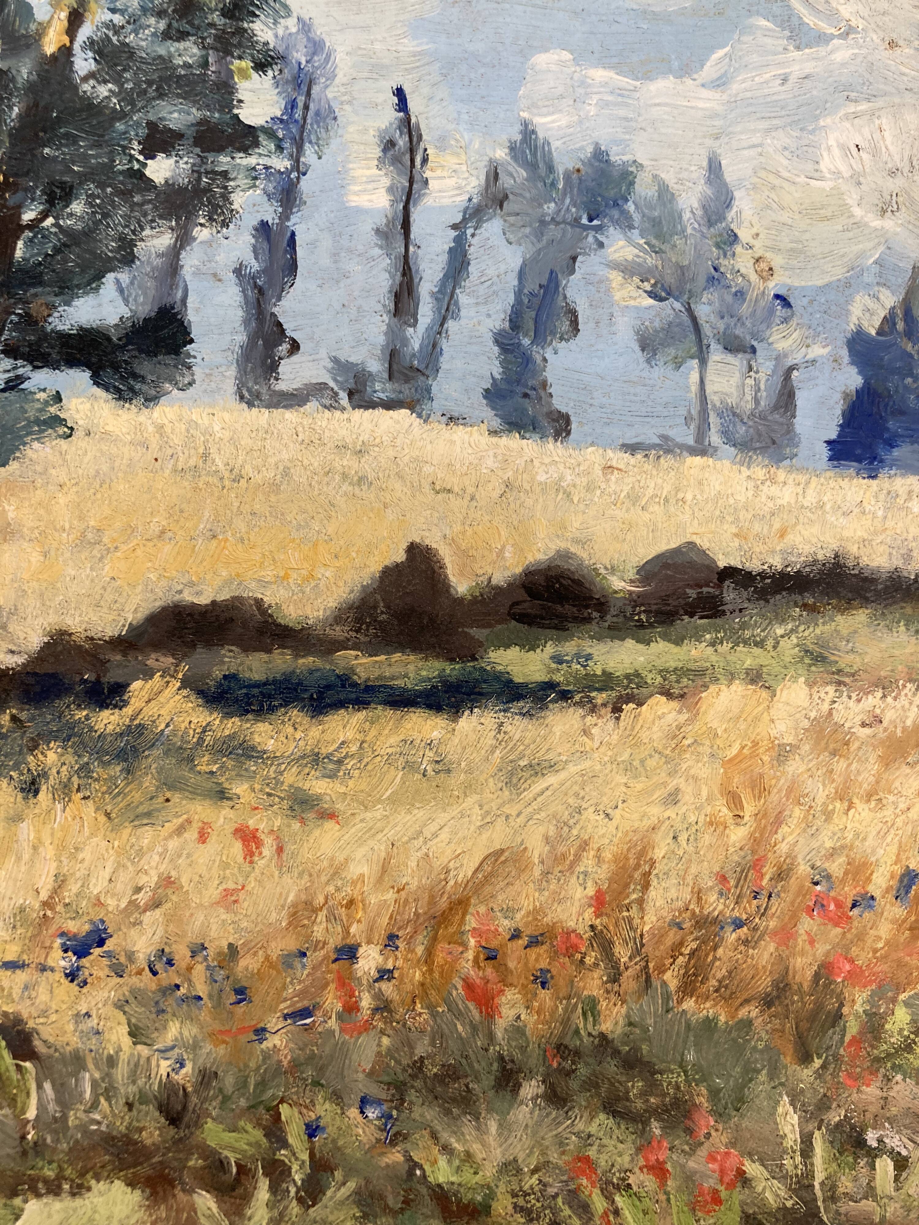 Landscape with poppies, oil on panel, Henry d'Avesnes (1907-1999)