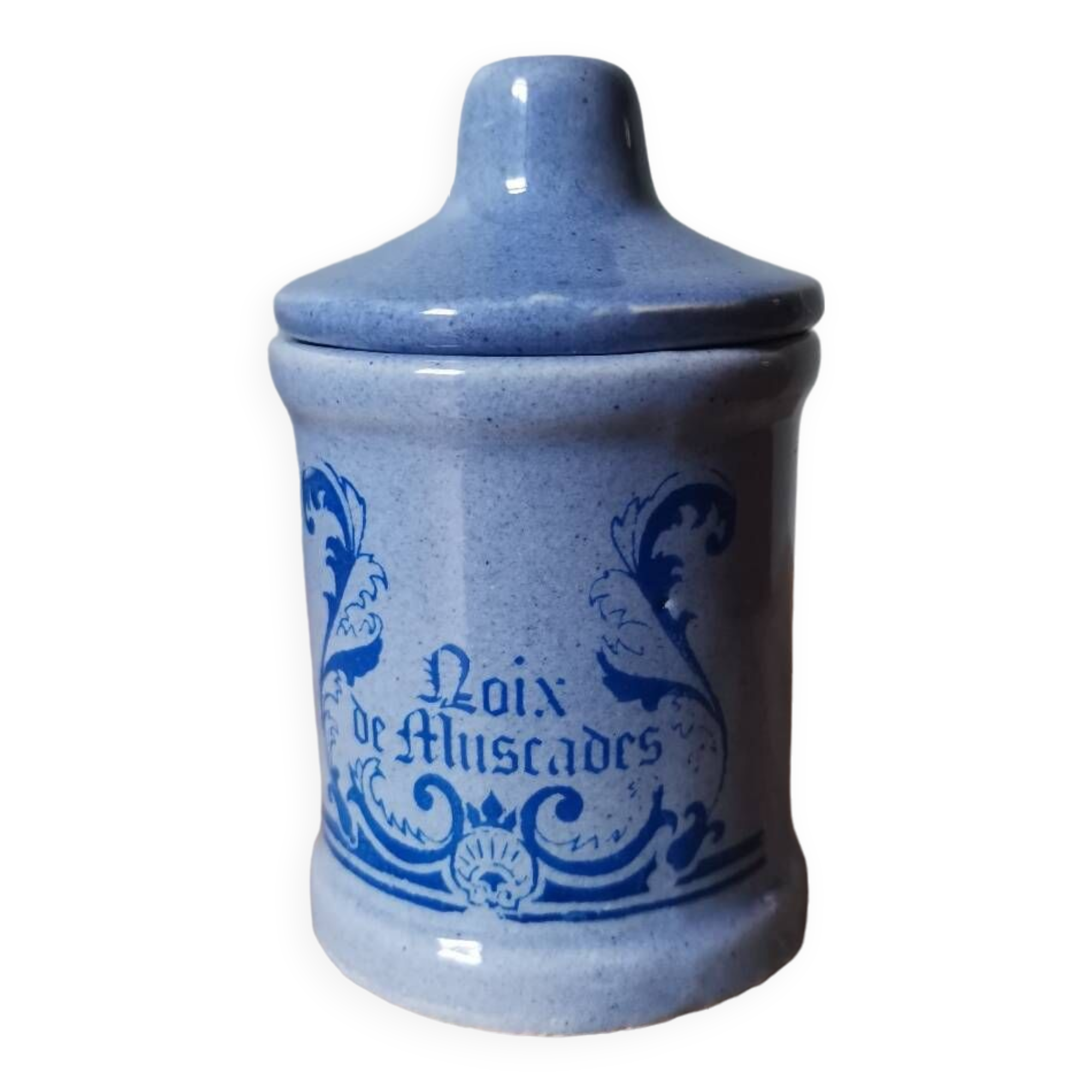 Nutmeg spice pot in vintage blue ceramic vegetable pattern stamped sipa France advertising