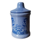 Nutmeg spice pot in vintage blue ceramic vegetable pattern stamped sipa France advertising