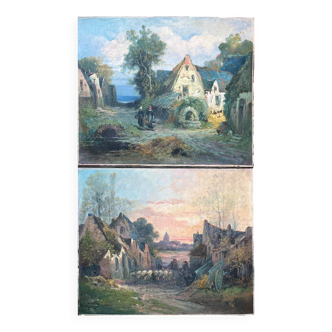 Pendant of HST Paintings "Animated farmyard" Paul DEVILLERS (XIX-XX)