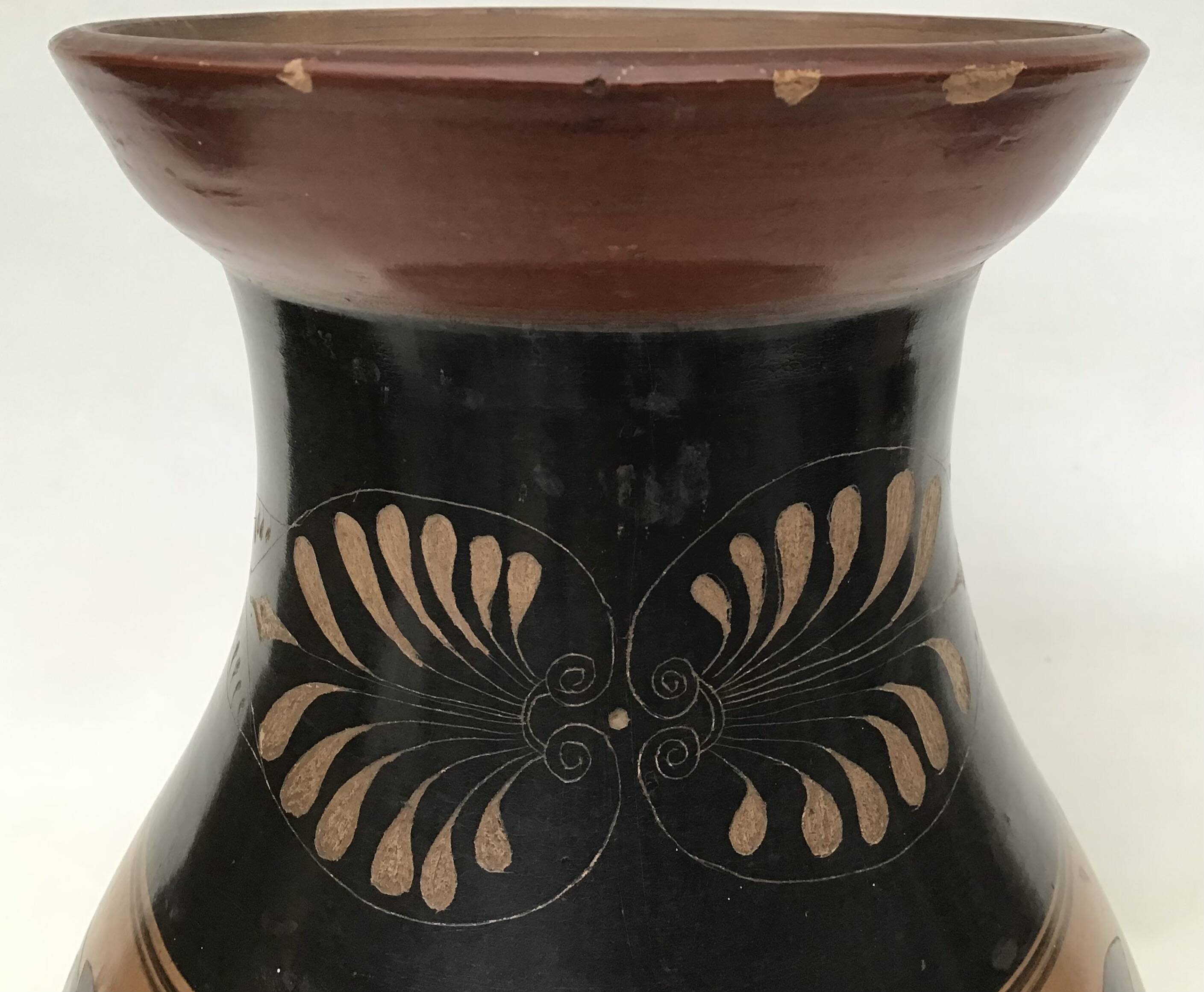Reproduction of a Greek Attic-style black-figure vase depicting warriors