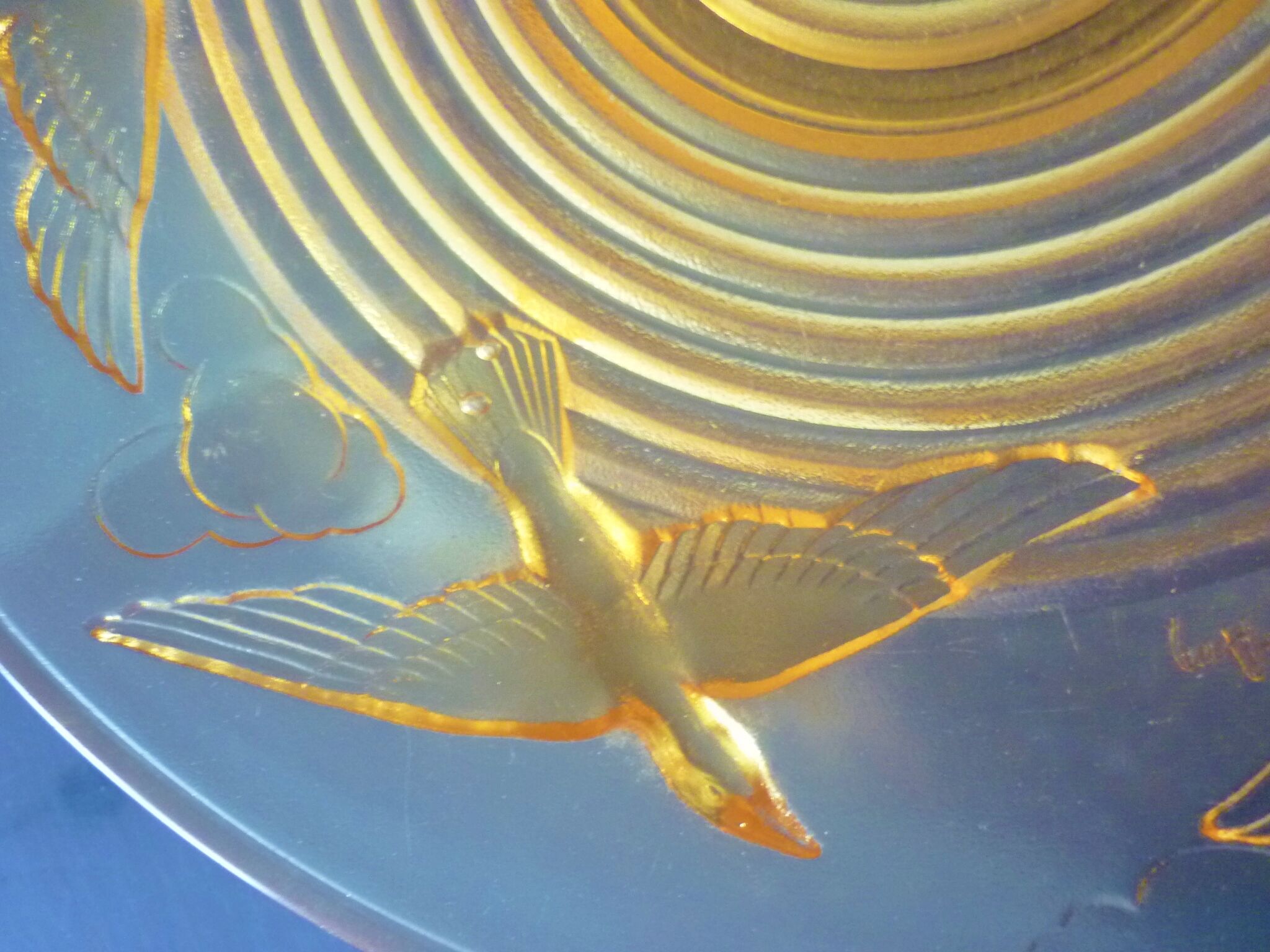 Cup, art deco centerpiece, 1930, pressed glass, molded, signed A.Miguel, albatross