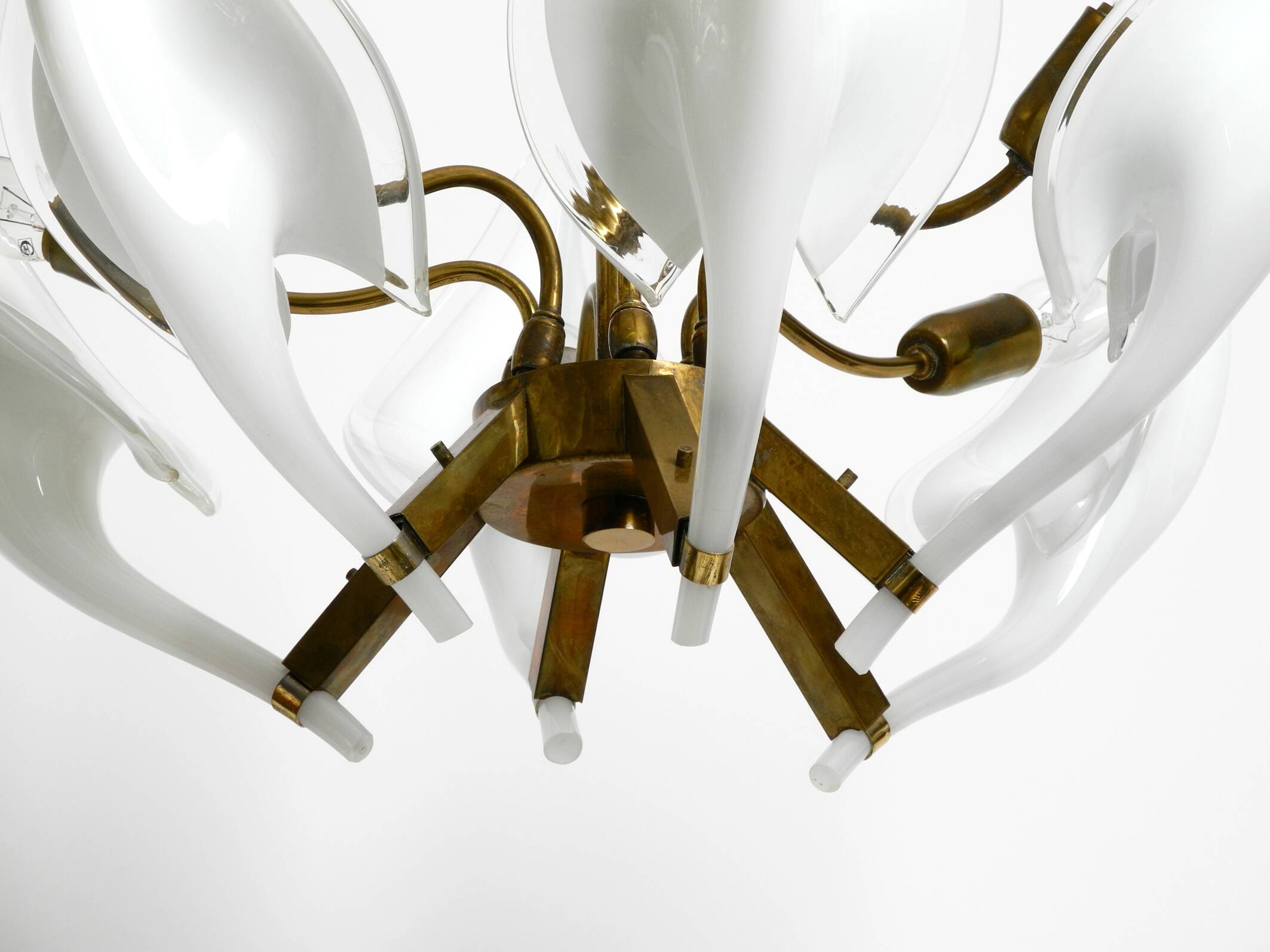 50s brass chandelier with white and transparent Murano glasses Franco Luce