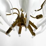 50s brass chandelier with white and transparent Murano glasses Franco Luce