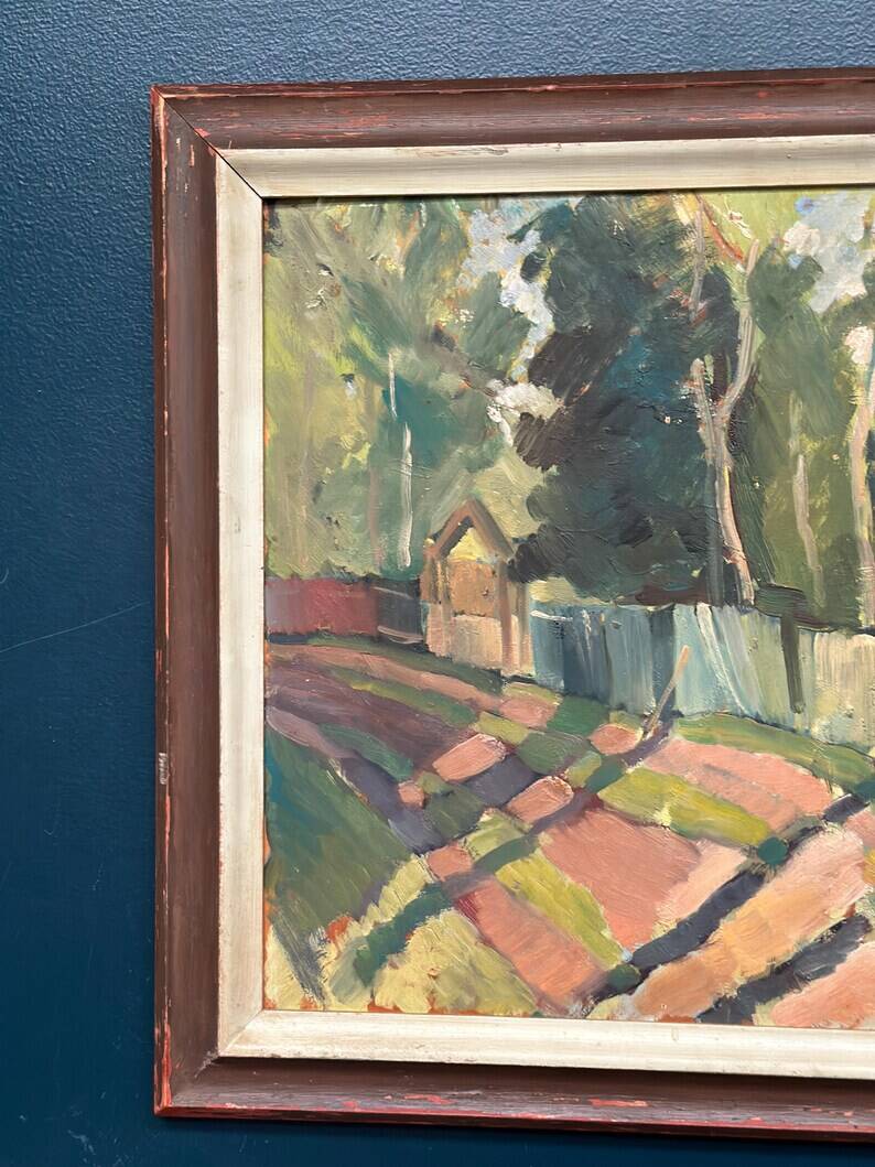 Original Swedish Oil on Panel - "Landscape with Fence" by Bajo - Signed - Vintage and Framed - 58 × 52 cm (22.8" × 20.5")