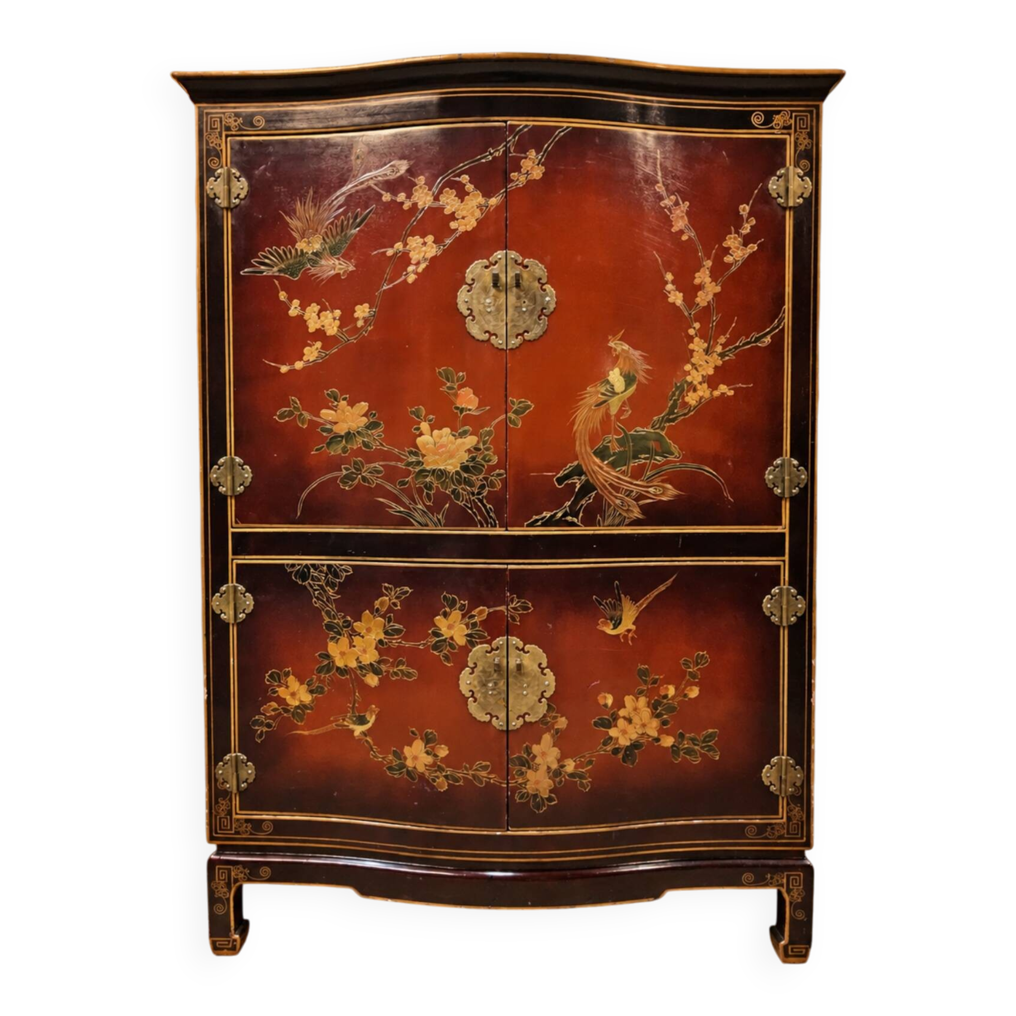 Vintage Chinese red and gold cabinet with flowers and birds (lacquer cabinet)