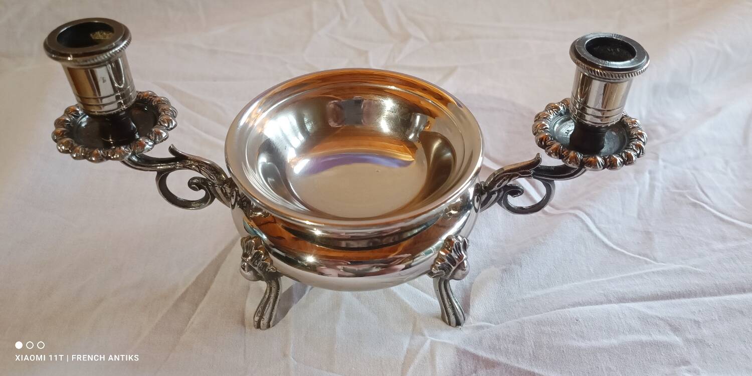 Silver-plated candlestick burns scented oil, Art Nouveau style, late 19th century.