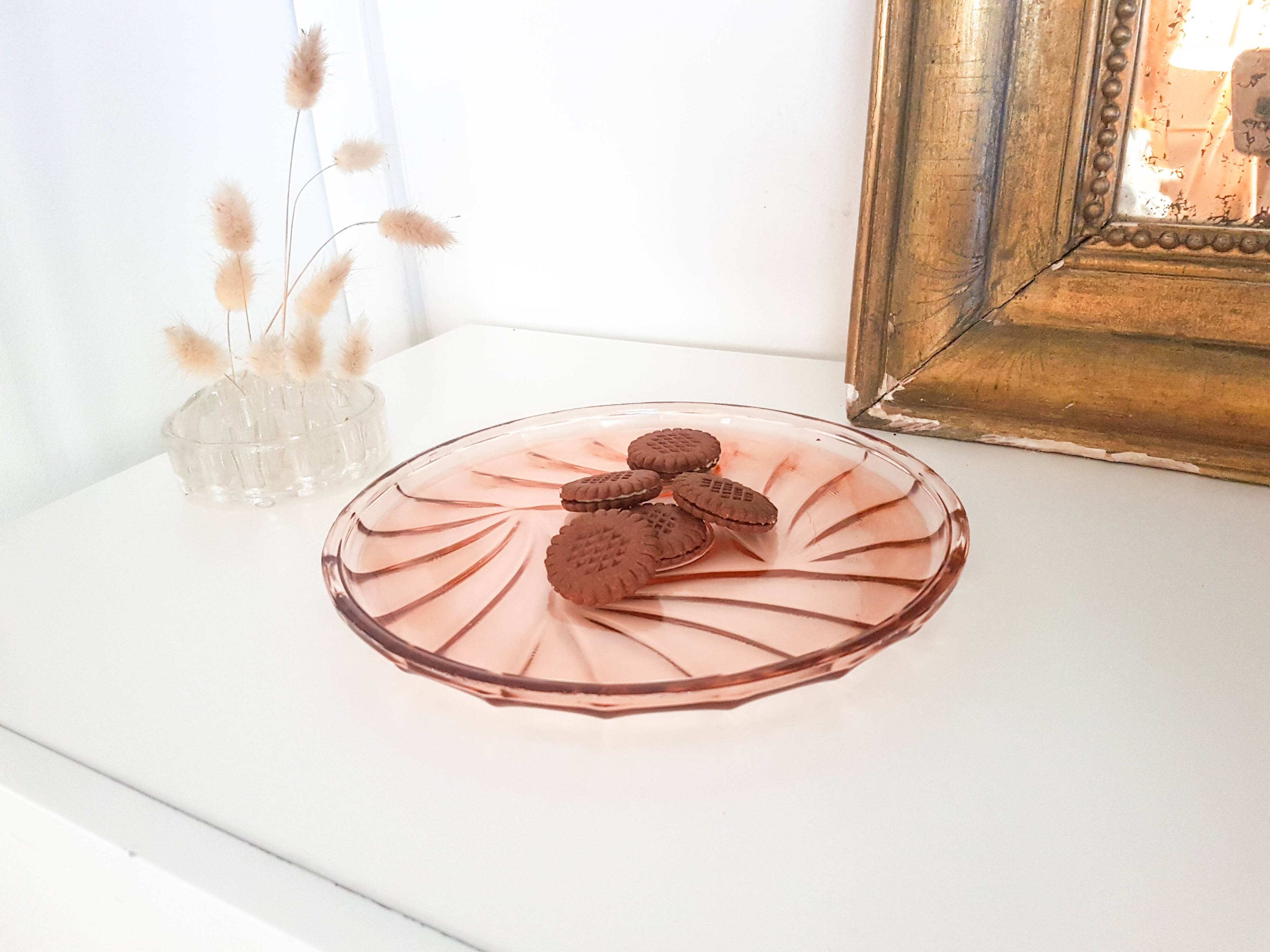 Vintage pink glass dish ART DECO style 1950