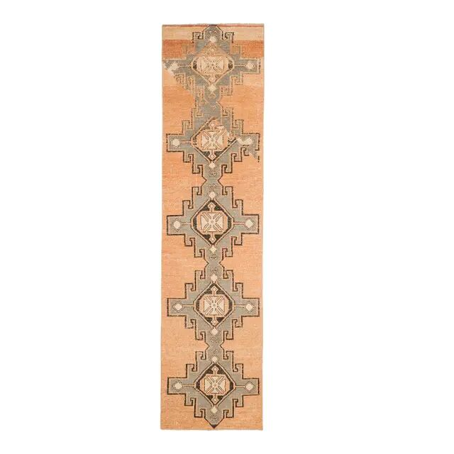Vintage Turkish Hand-Knotted Wool Cotton Orange Runner Rug 95x408