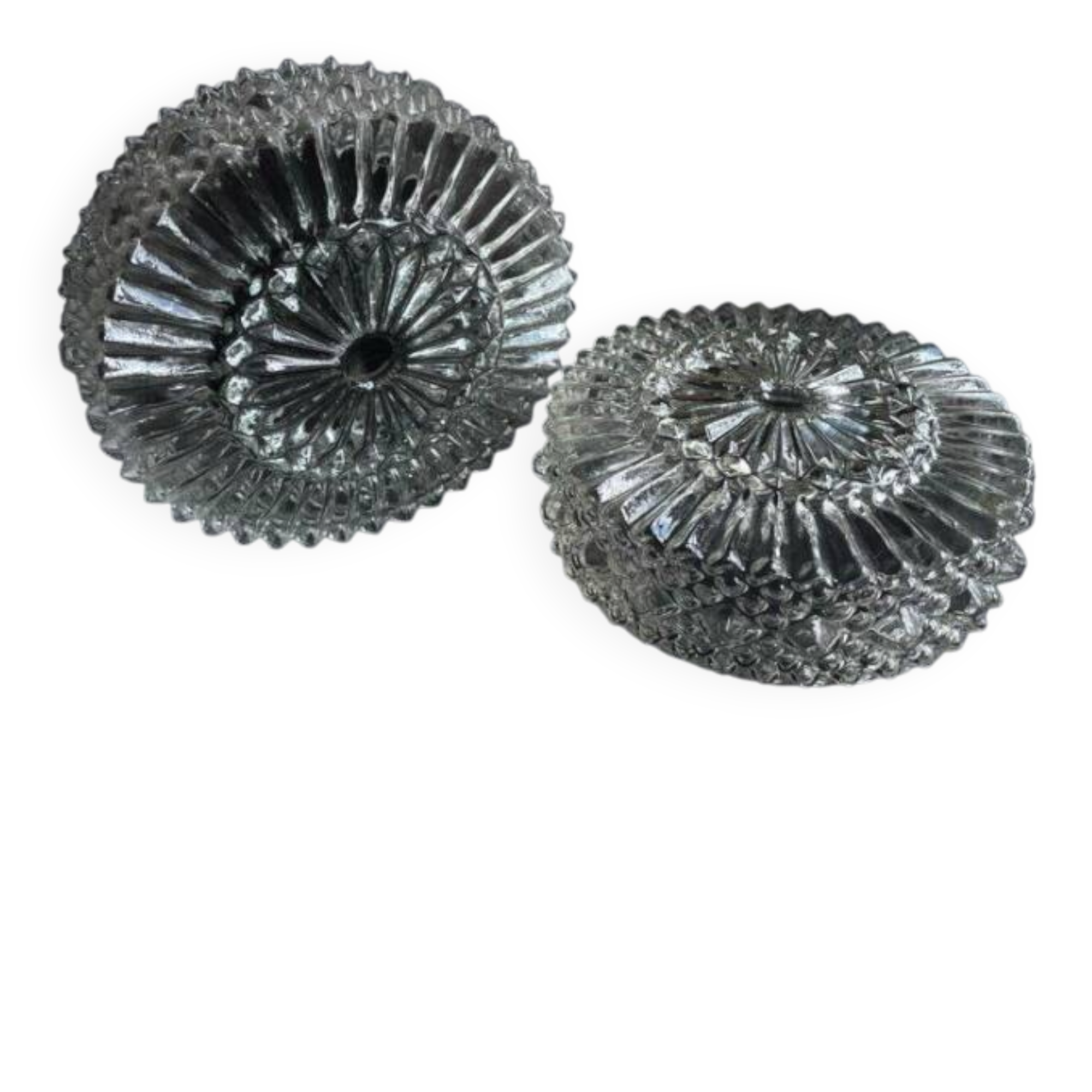 Pair of round vintage moulded glass ceiling lights.