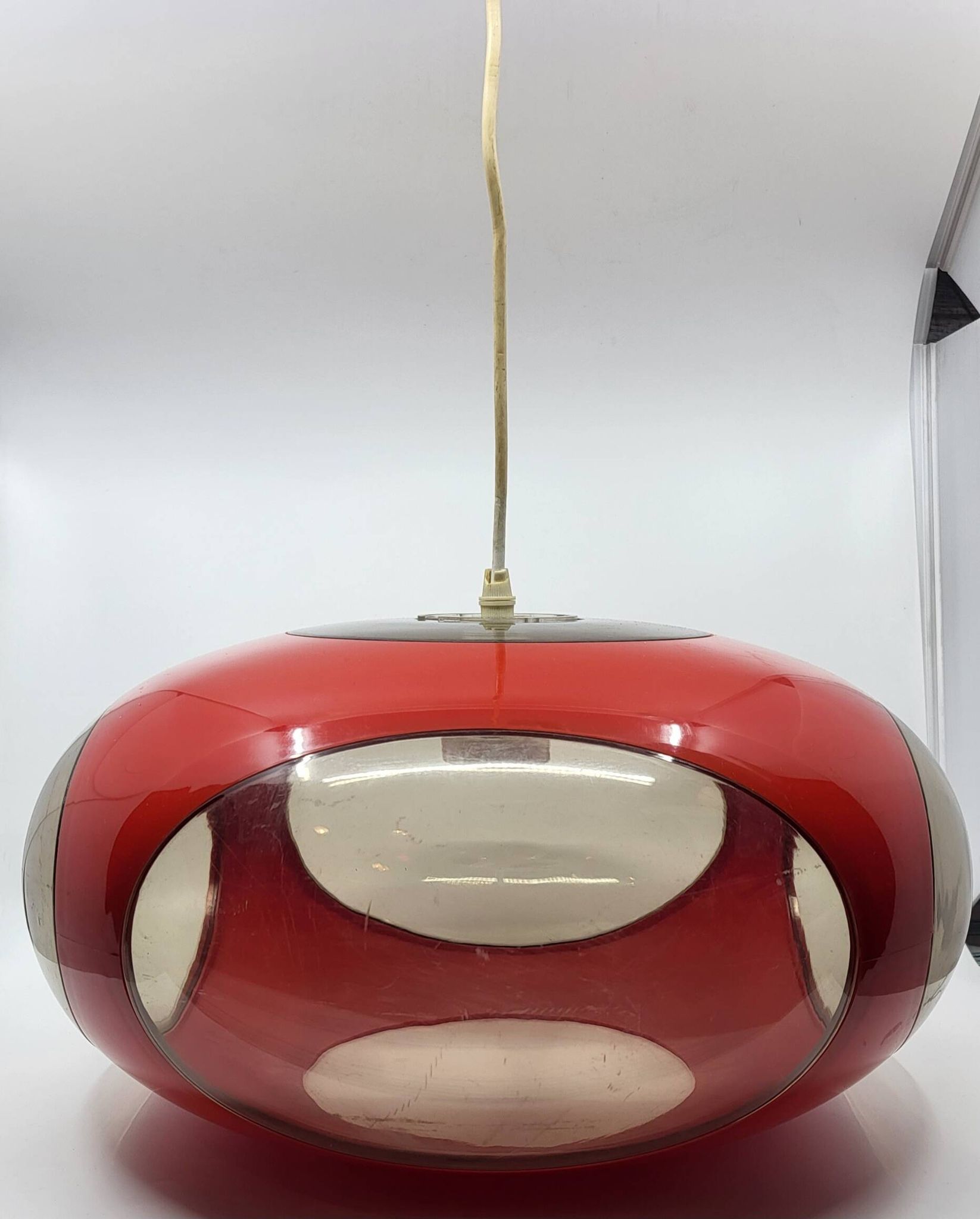 Massive Belgium red plexiglass UFO Space Age pendant light, 1970