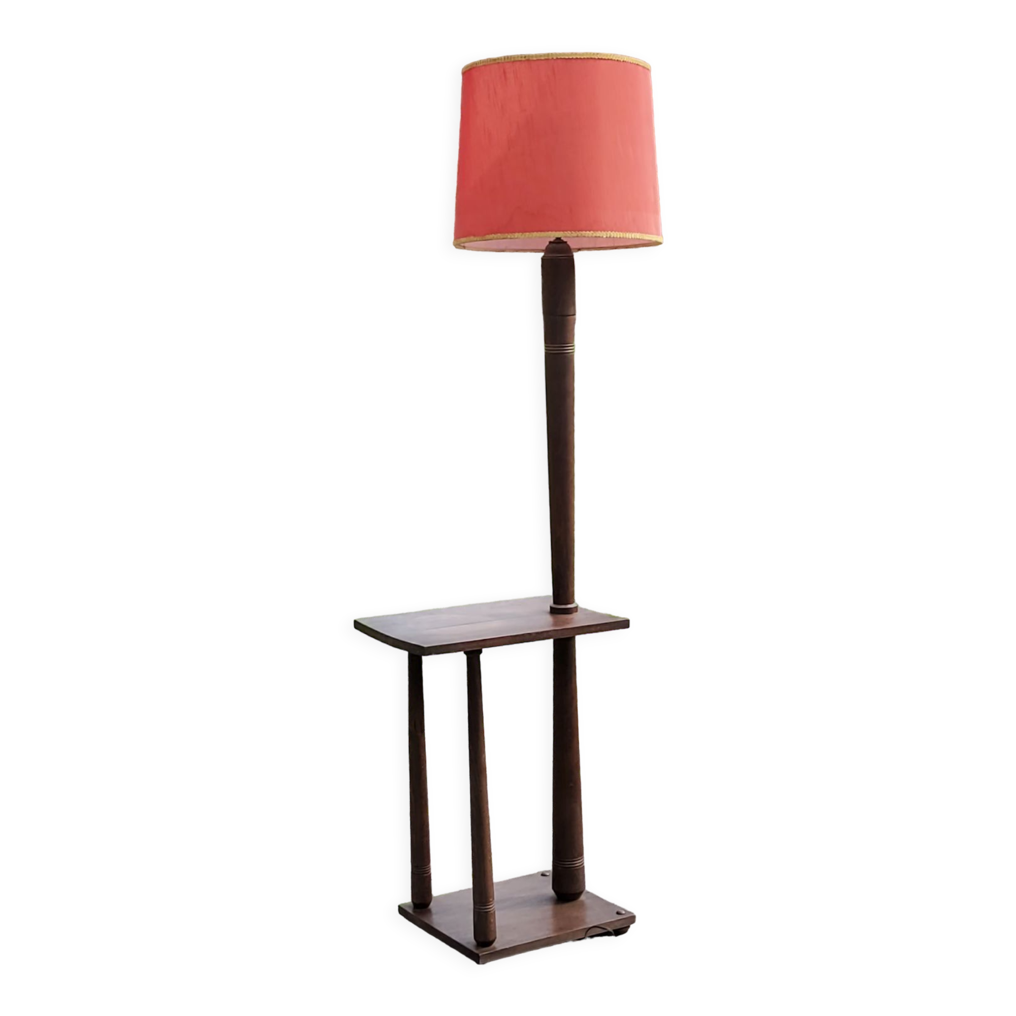 Floor lamp with shelf of the 40s/50s in beech lampshade red fabric