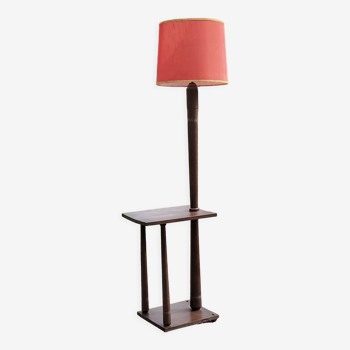 Lampadaire avec tablette des années 40/50 en hêtre abat jour tissu rouge