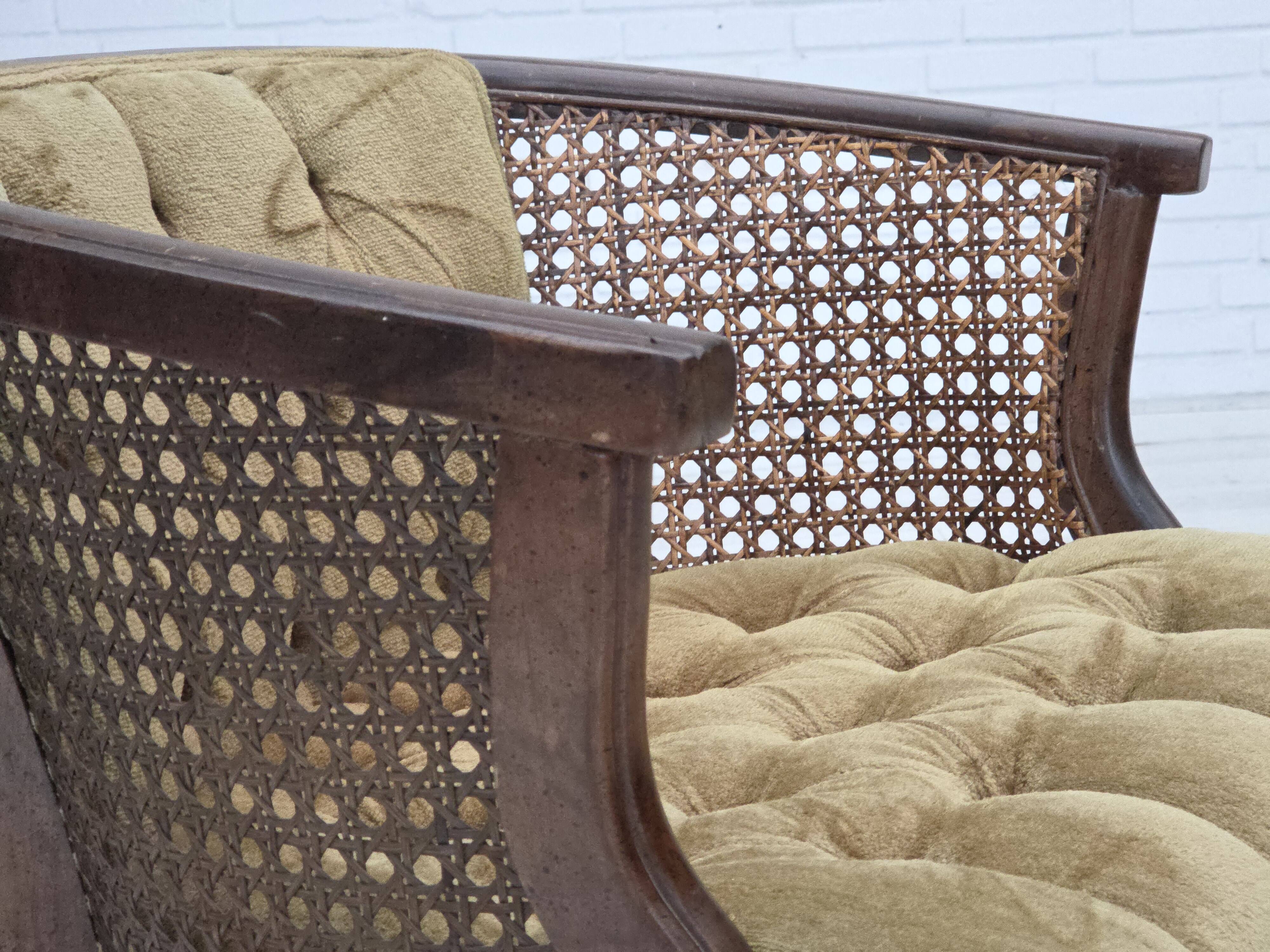 1950s, Danish easy chair, furniture velour, furniture mesh, oak wood.