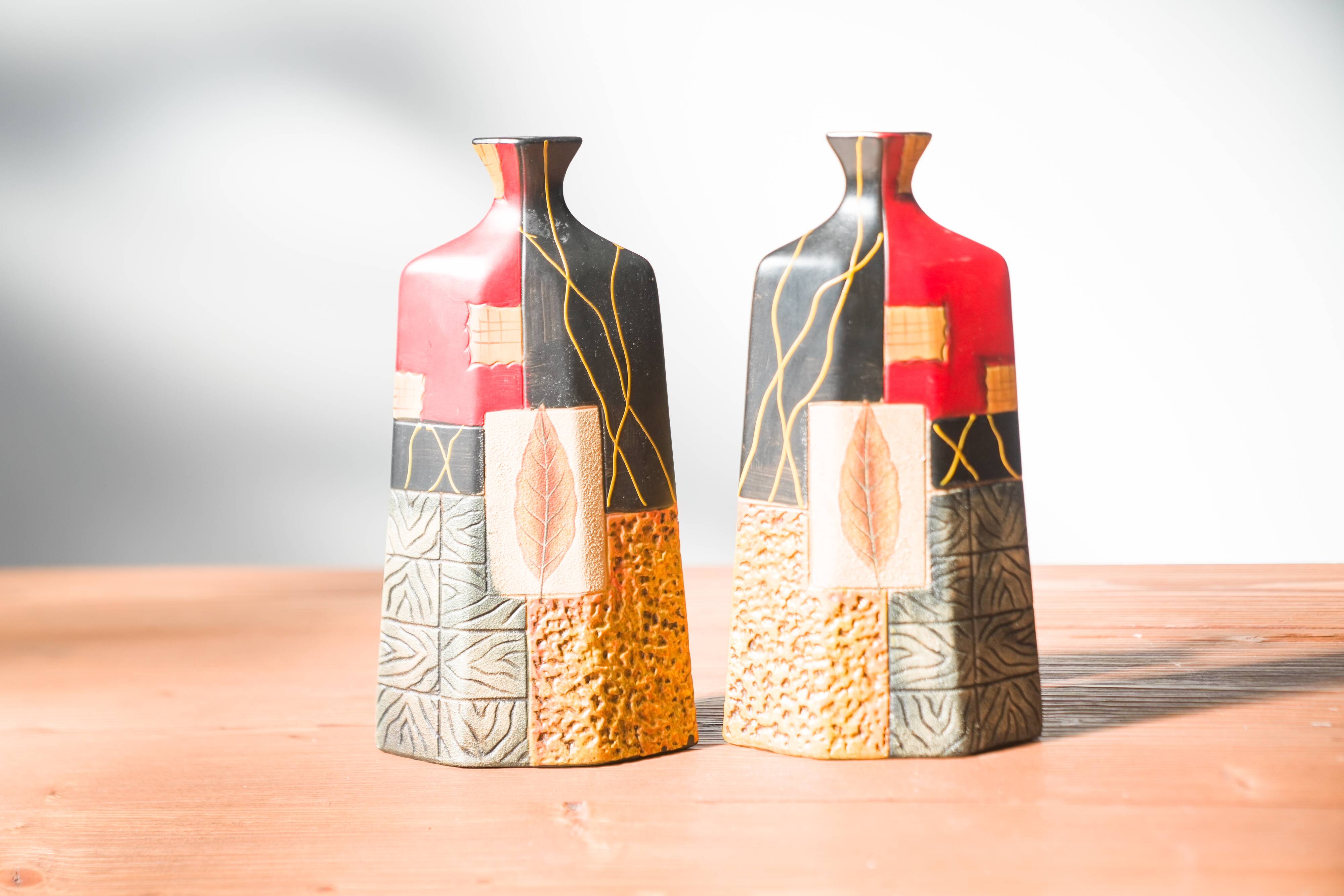 Pair of 1980s-90s Terracotta Vases – Geometric and Textured Design