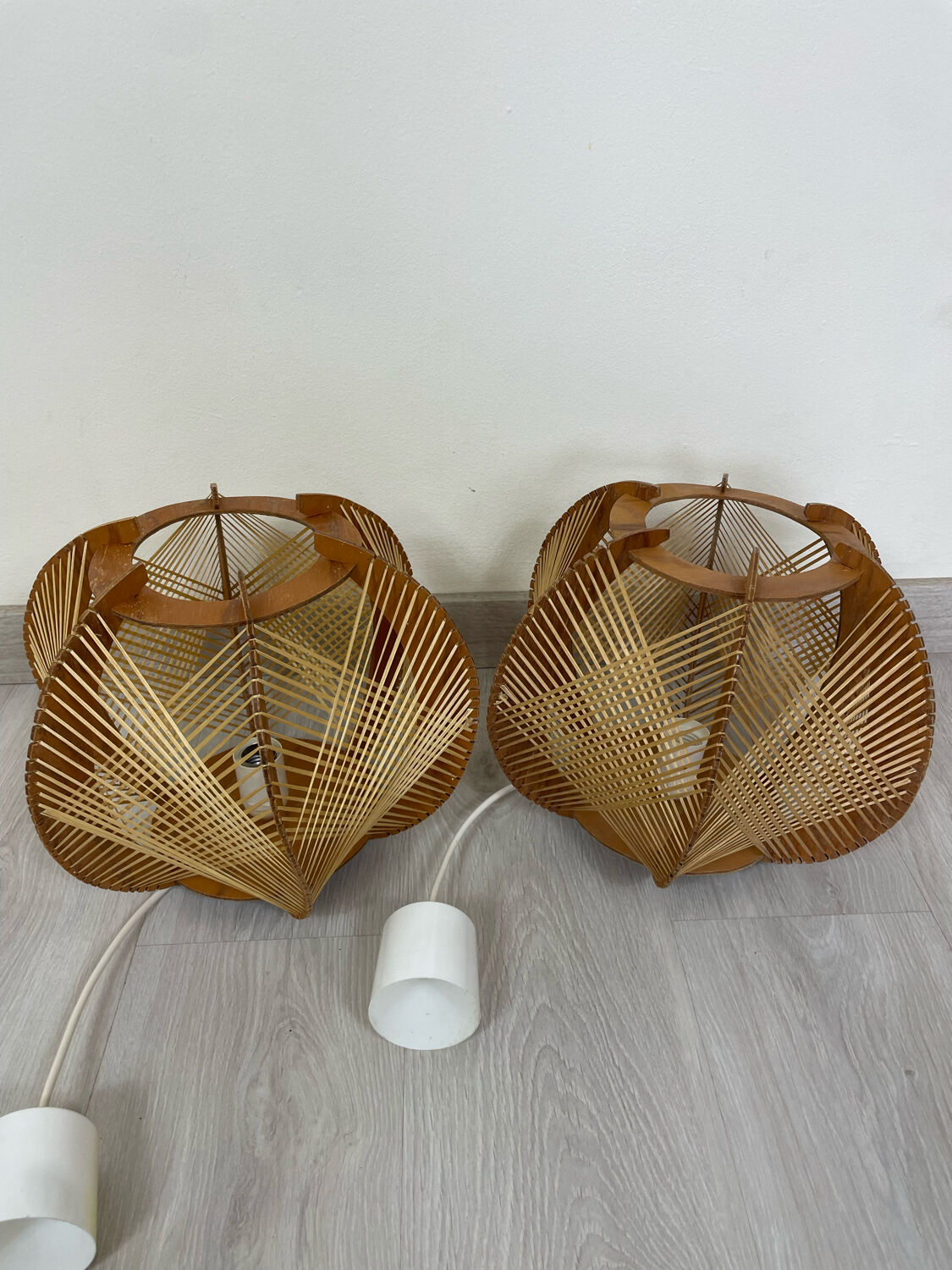 Pair of Scandinavian pendant lamps in wood and wires