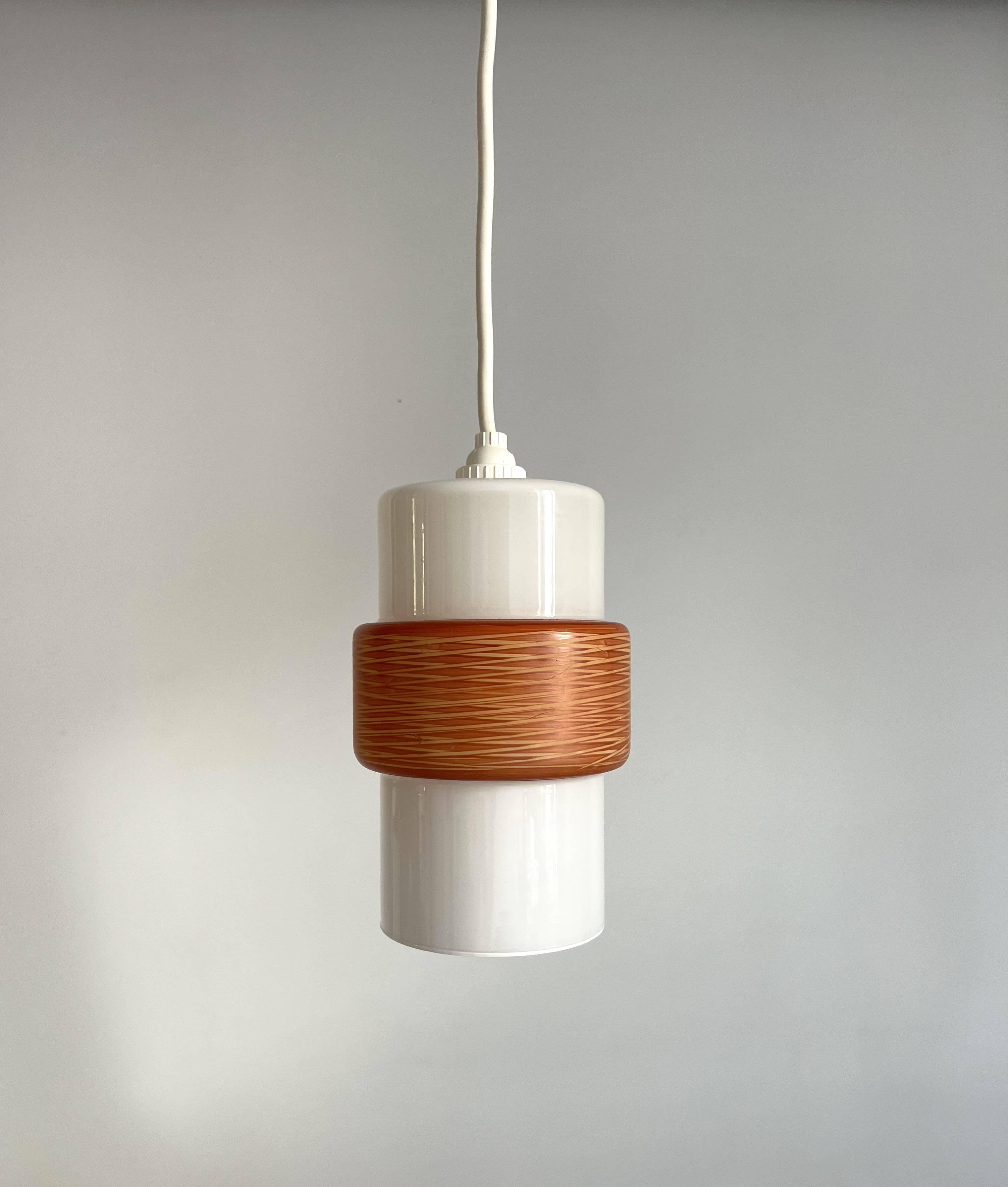 Sputnik pendant light, dark orange ring on white tube