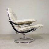 Leolux armchair, swivel chair with white leather upholstery, 1960s