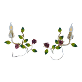 Pair of Italian sconces in painted sheet metal decorated with roses