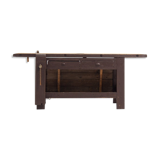 Brown painted workbench with shelf and drawers