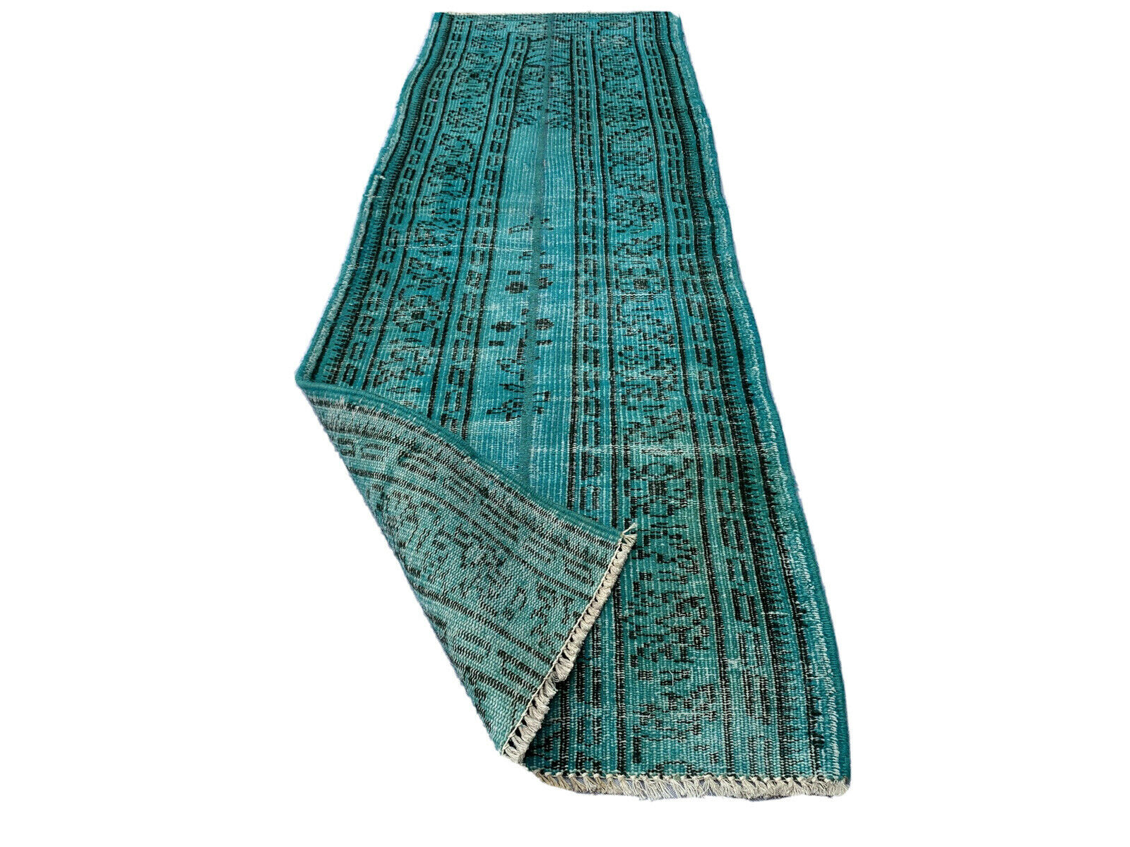 Distressed Turkish Narrow Runner 195 x 64 cm Wool Vintage rug, Overdyed Turquoise
