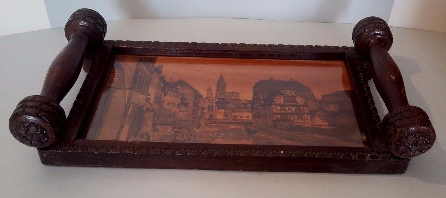 Strasbourg Alsace wooden serving tray signed