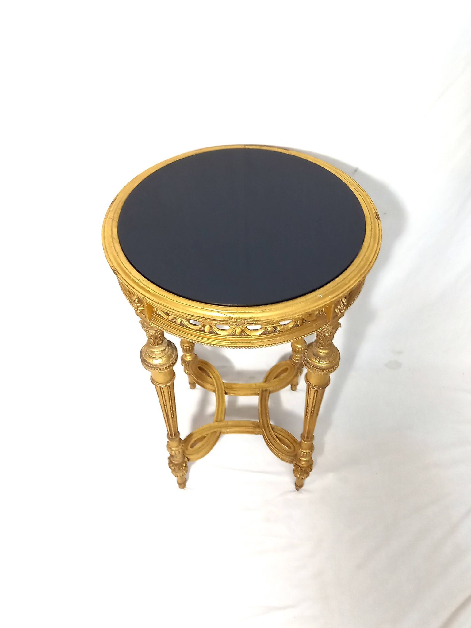 Napoleon III Pedestal Table (late 19th C.) Gilded and Carved Wood with Modern Black Top