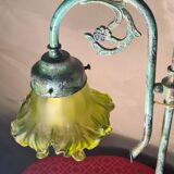 brass lamp with pretty antique patina and opaque green tulip, 58x25