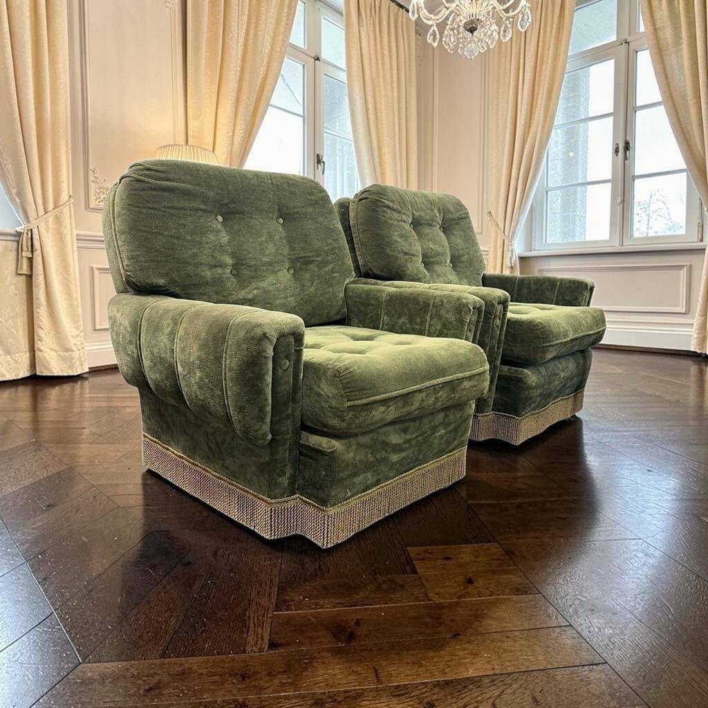 Ensemble de 2 chaises/fauteuils simples vintage verts à franges