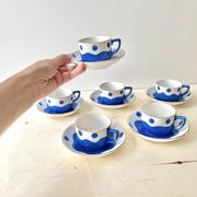 Set of 6 Sarreguemines Digoin earthenware coffee cups with art deco polka dots, 1930s