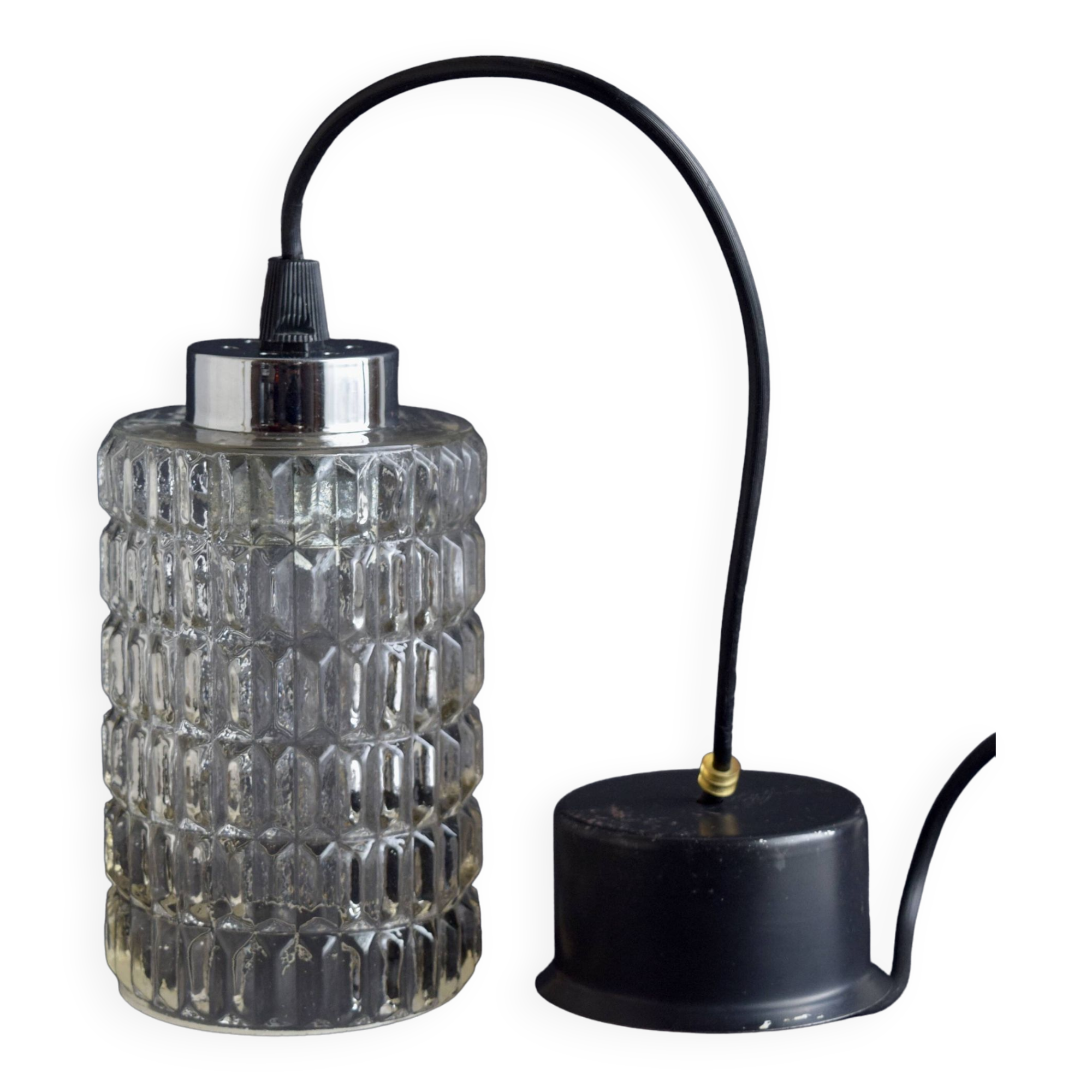 Vintage pendant light in textured molded glass and chrome metal