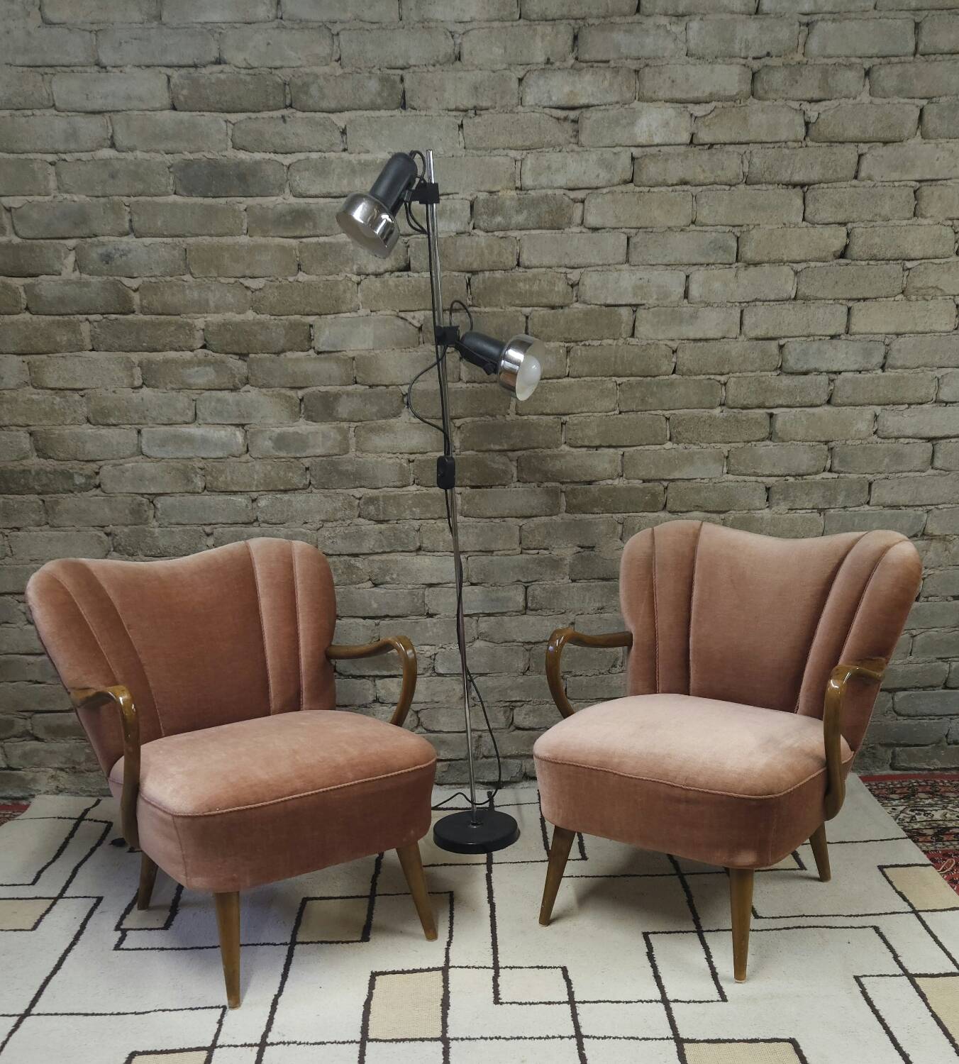 Pair of pink velvet cocktail armchairs 1960