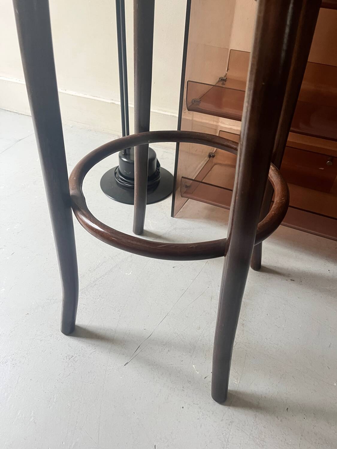 High bistro stool in turned wood and new cane, 1950