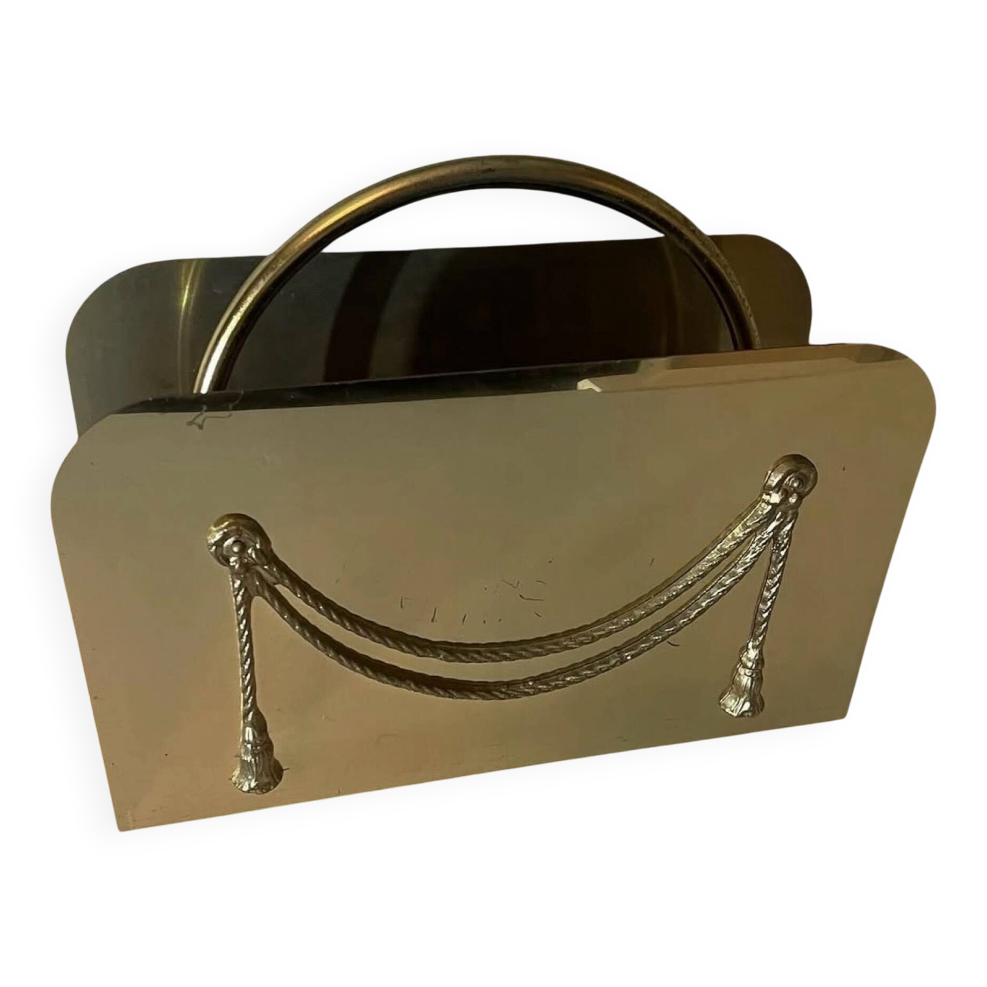Porte-revues vintage en laiton massif – Décor drapé – Range magazines